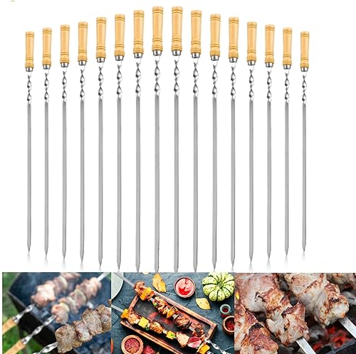 Pinchos de barbacoa de acero inoxidable con mango de madera para carne, camarones, pollo, verduras