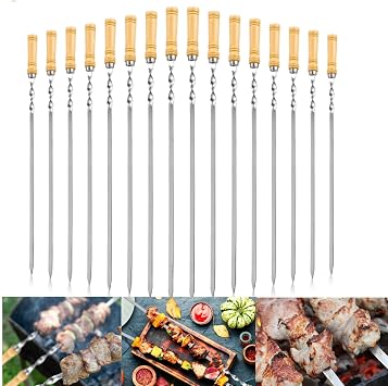18Pcs BBQ Barbecue Skewers Stainless Steel Sticks with Wooden Handle for Meat Shrimp Chicken Vegetable