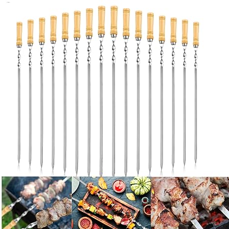 18Pcs BBQ Barbecue Skewers Stainless Steel Sticks with Wooden Handle for Meat Shrimp Chicken Vegetable