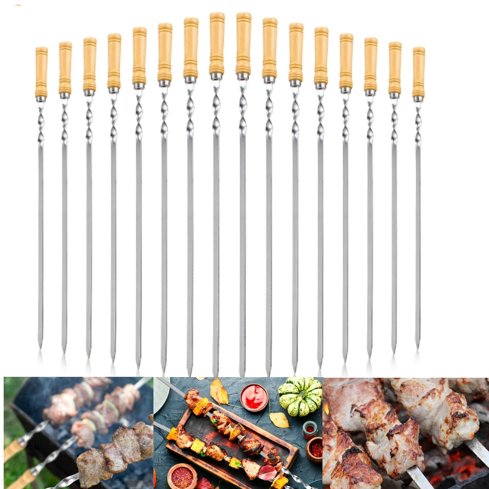 Lot de 18 brochettes de barbecue en acier inoxydable avec poignée en bois pour viande, crevettes, poulet, légumes