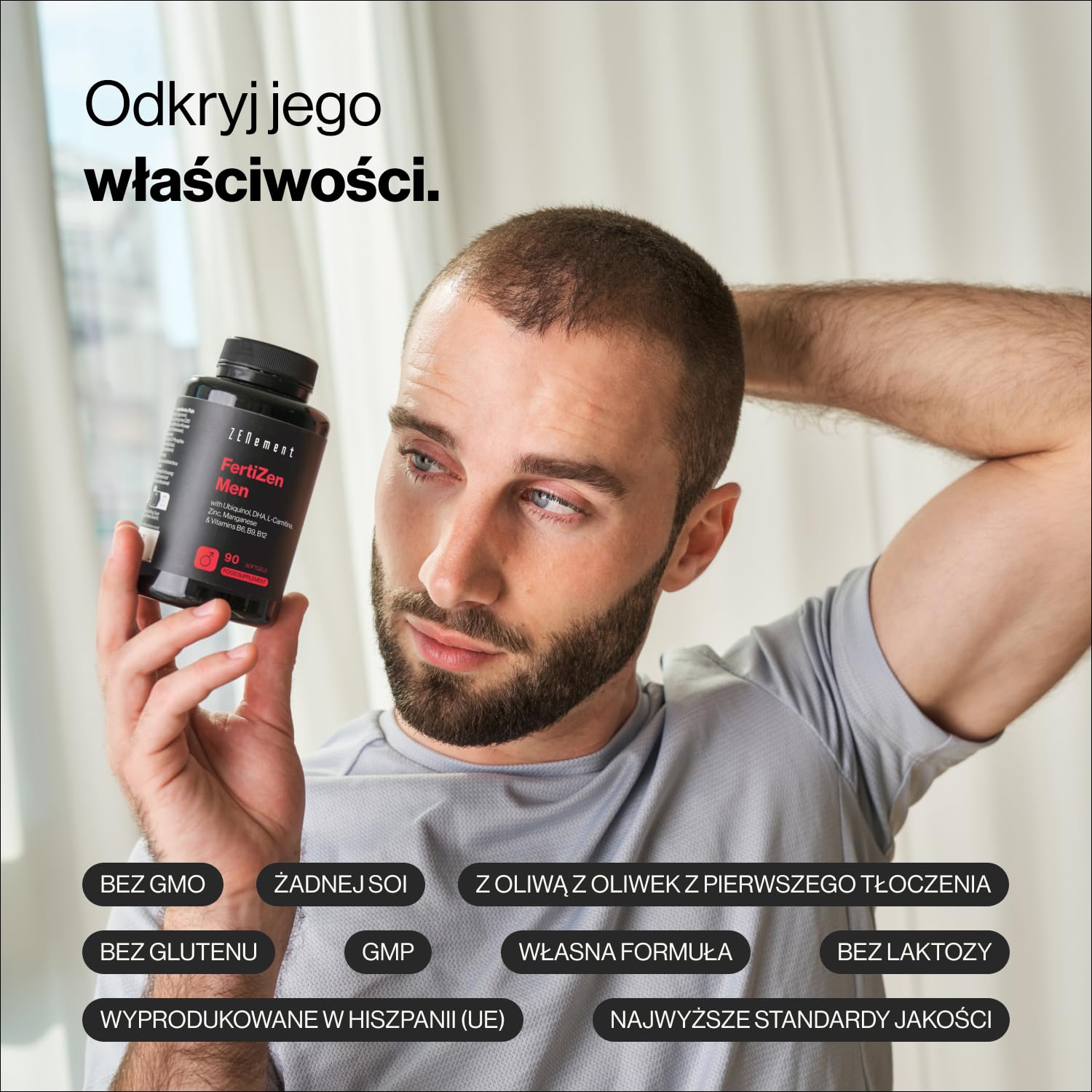 FertiZen Men - Formuła dla Płodności i Reprodukcji Mężczyzn - z Ubiquinolem, DHA, L-Karnityną, Cynkiem i Witaminami B6, B9 i B12-90 Miękkich Kapsułek - 1 Miesiąc Stosowania - Zenement