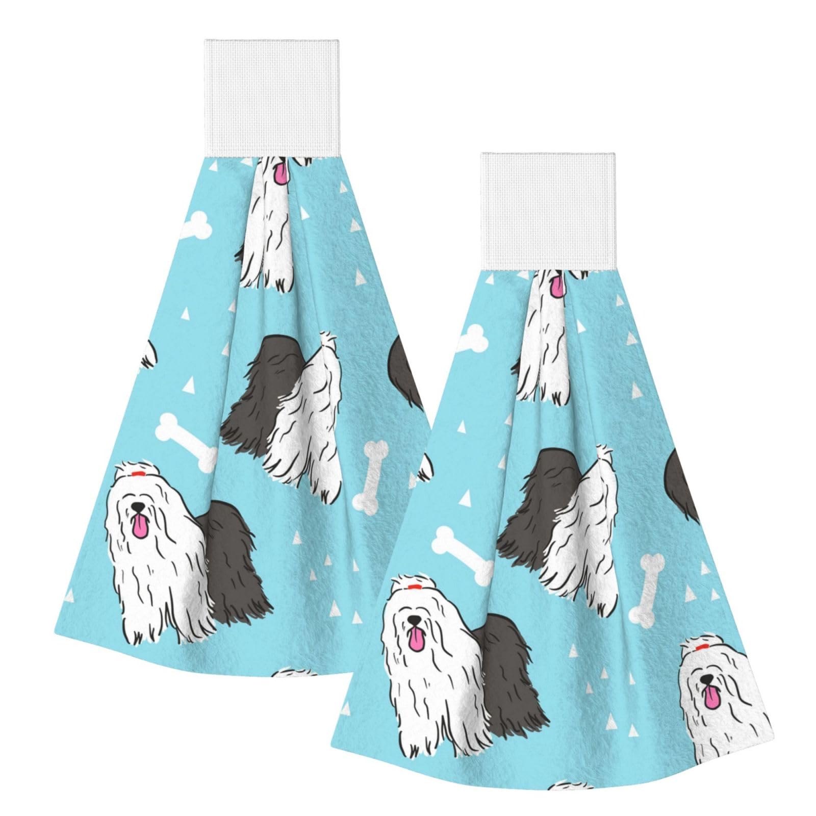 DOPKLNA Old English Sheepdog Pattern, 2 Pcs Hanging Coral Fiber Hand Towels for Bathroom, Absorbent Kitchen Towels