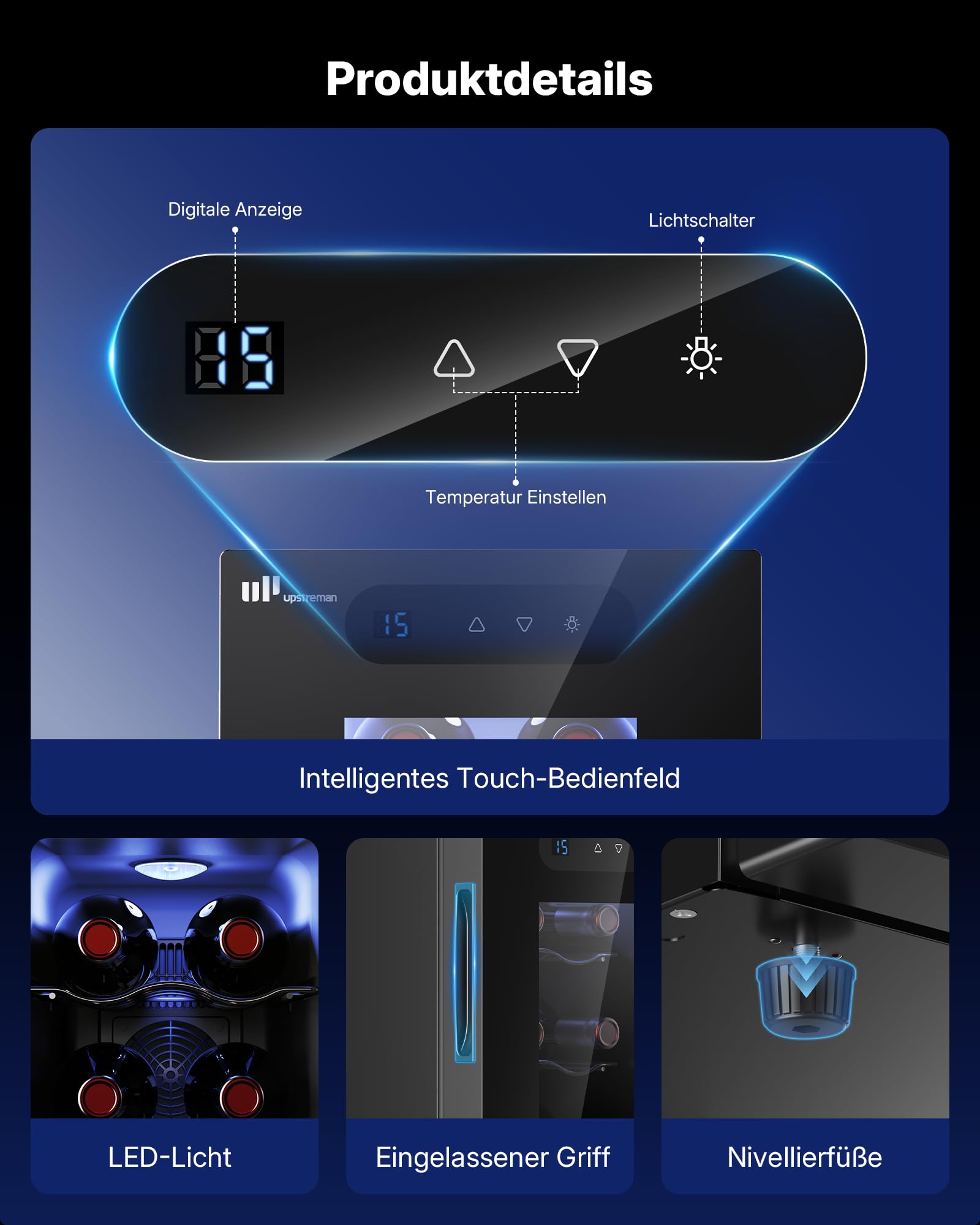 Upstreman Weinkühlschrank Klein 6 Flaschen 5-18℃ einstellbar Glastür Weinkühler Elektrisch Touch-Display LED-Innenbeleuchtung Wine Fridge W6