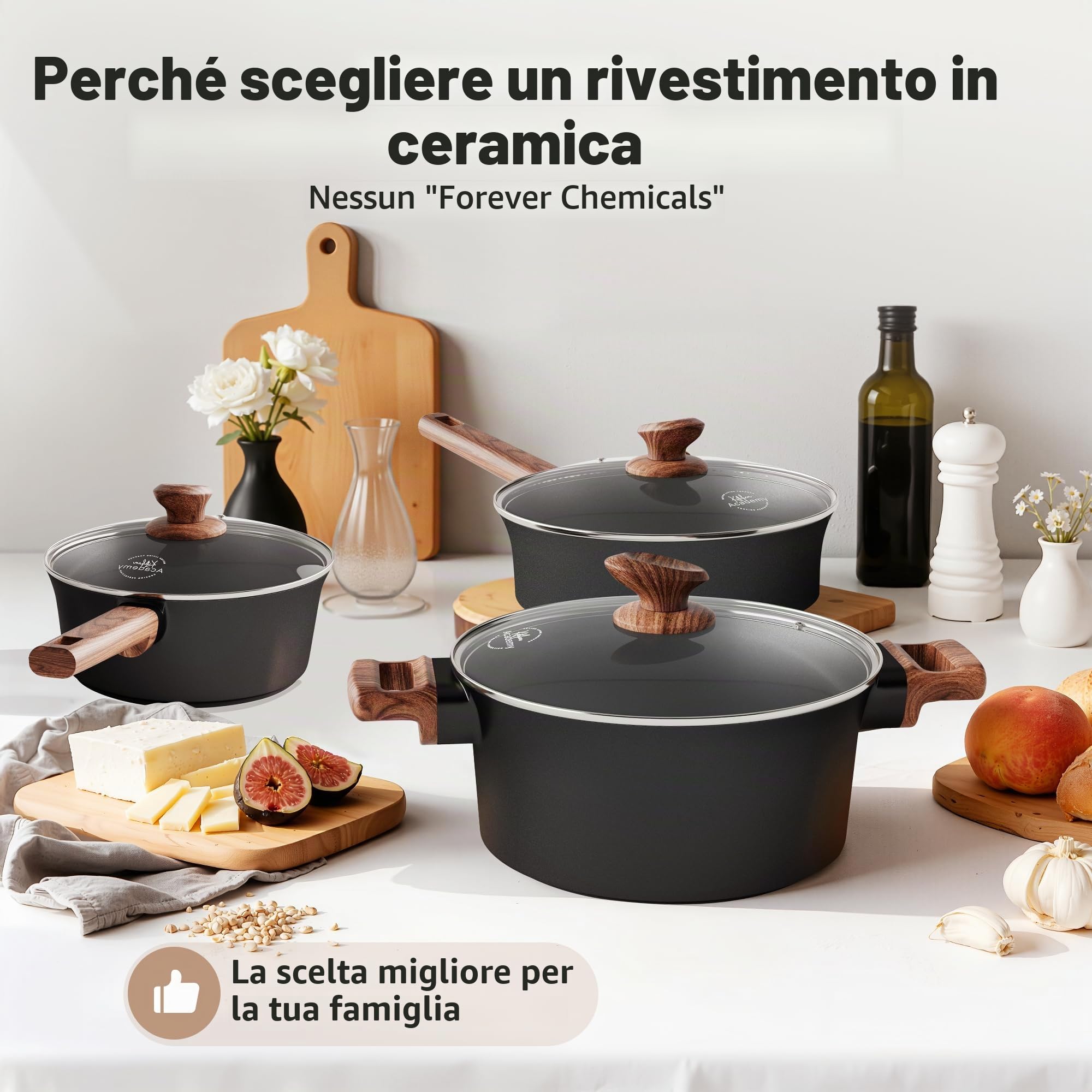 Kitchen Academy - Set di Pentole e Padelle a Induzione, in Ceramica, con Rivestimento Antiaderente, in Alluminio, Set di Pentole Antiaderenti con Coperchio 2 Utensili in Silicone (Nero, 10 pezzi)