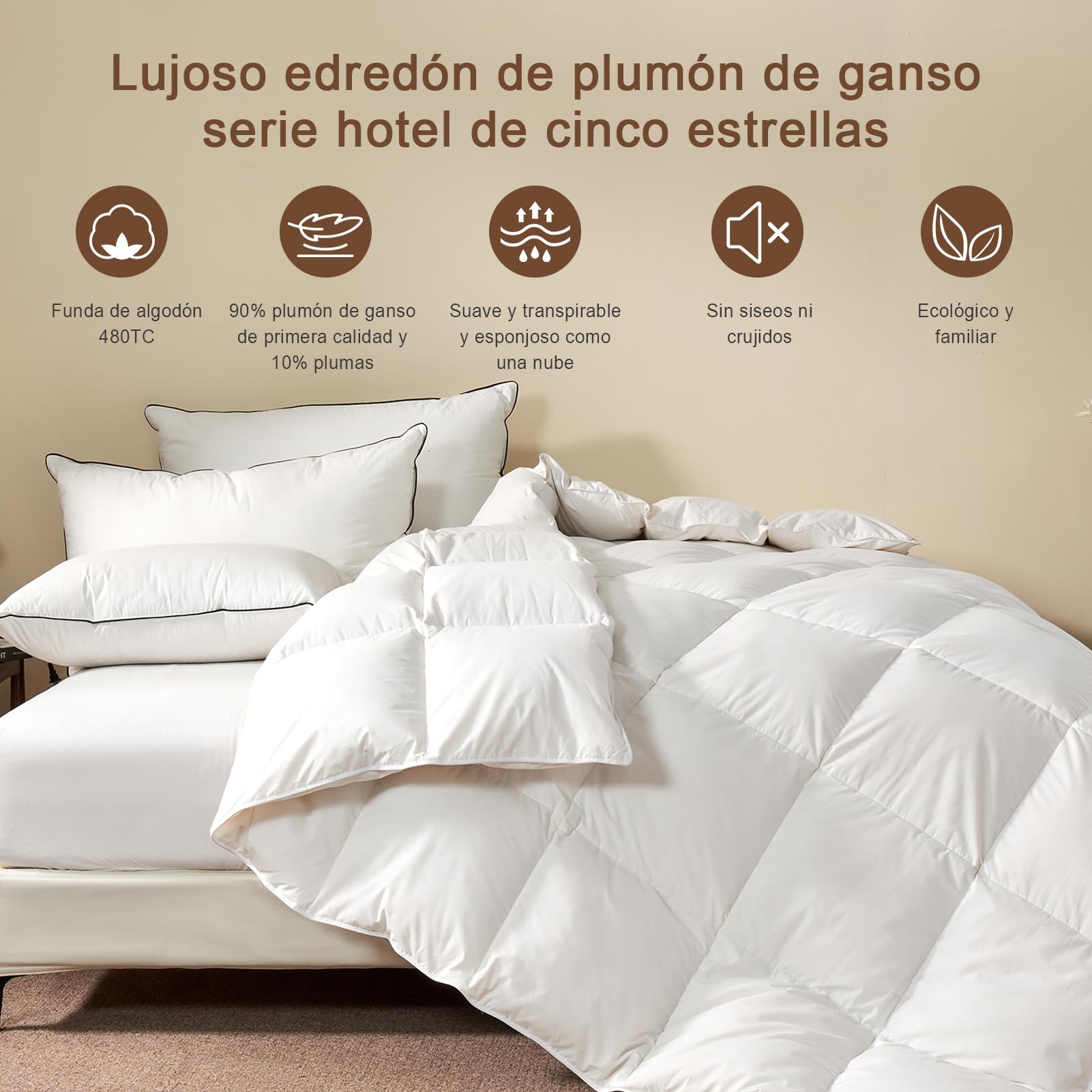 Edredón de Plumón Cama 150/135, 90% Plumon de Ganso y 10% Plumas, Algodón Egipcio Ultra Silencioso, 4 Estaciones Extra Cálido Edredon, Relleno Nordico Pluma 220x240, Down Feather Duvet 240x220