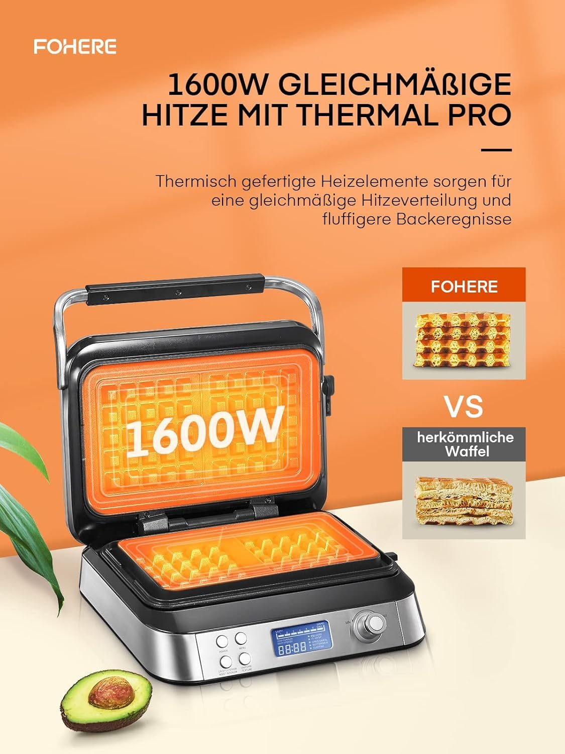 Gofrownica o mocy 1600 W, odpowiednia do przygotowywania gofrów belgijskich, 5 programów, 7 poziomów pieczenia, wyświetlacz LCD, timer, pojemnik przelewowy, bardzo głęboka płyta grzewcza.