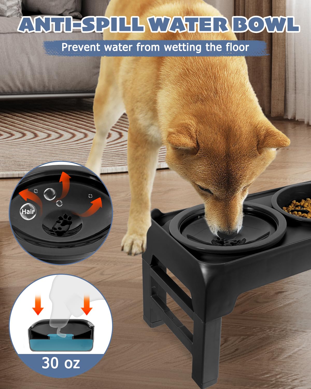 Ciotole per cani rialzate con 4 altezze regolabili, con ciotole per cibo lento e set di ciotole per acqua anti-fuoriuscite, regolabili ad altezze 8,1 cm, 22,1 cm, 25,9 cm, 30 cm, per animali domestici