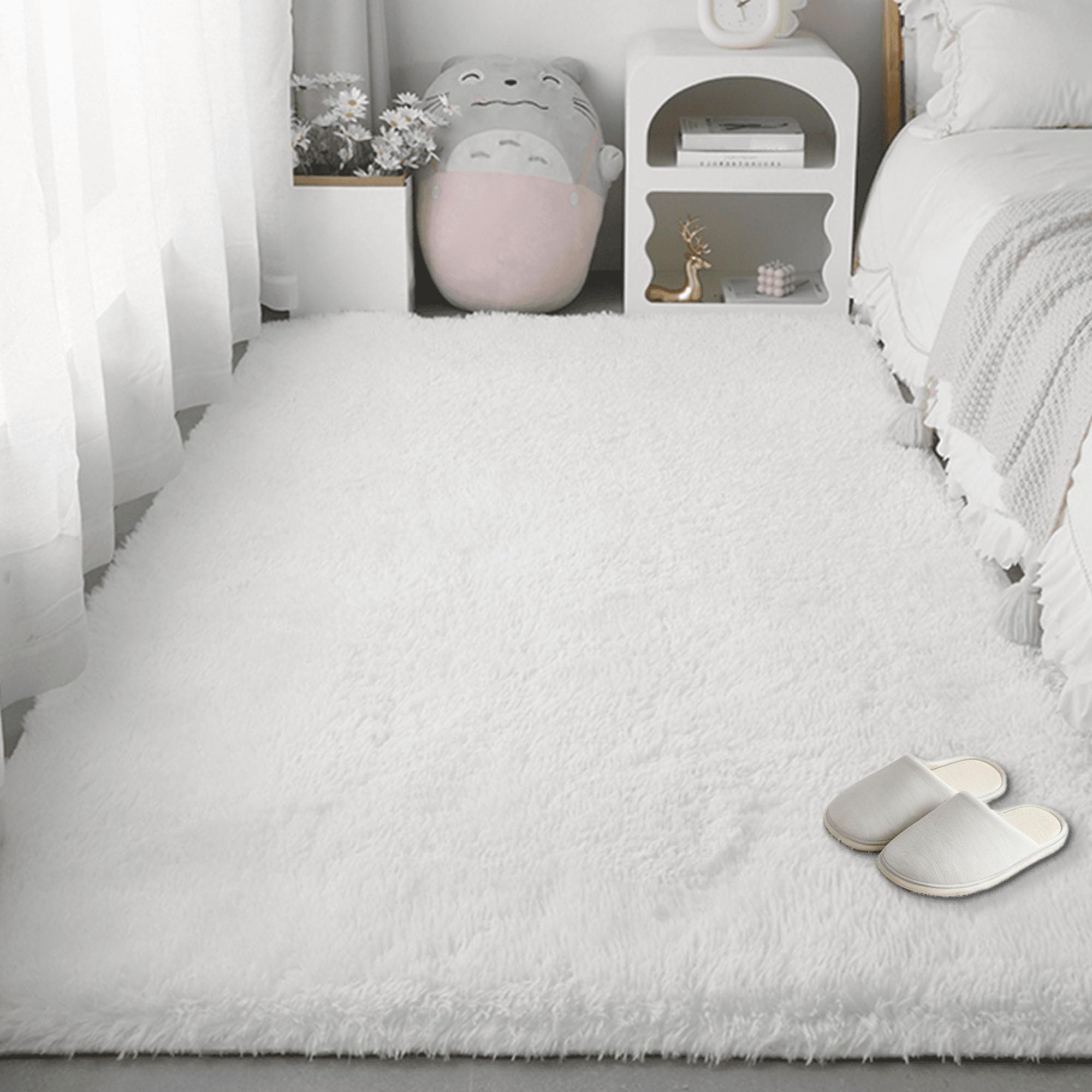 Flauschiger Hochflor Teppich 200 x 350 cm Flauschige Teppiche Jugendzimmer Mädchen Moderner Flauschiger Kuscheliger für Schlafzimmer, Küche, Flur, Weiß