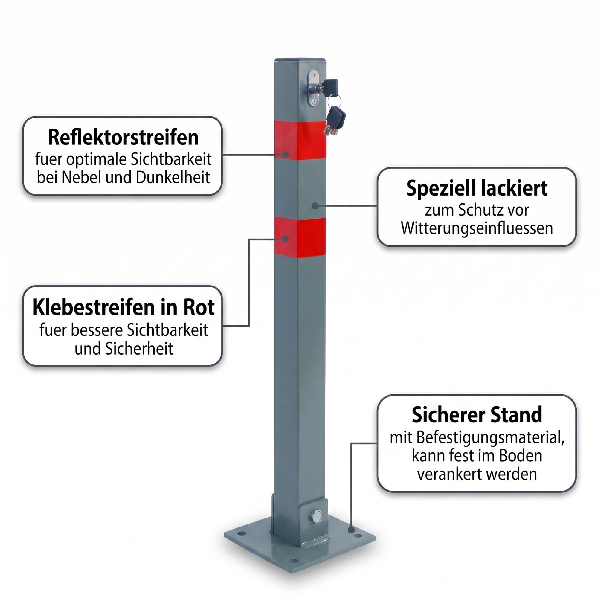 Mucola Parkpfosten vertikale Parksperre Grau Rot – Absperrpfosten klappbar mit Schloss 70cm hoch | Stabiler Stahl verzinkt, Sperrpfosten Poller für Parkplatz Einfahrt Grundstück Hofeinfahrt