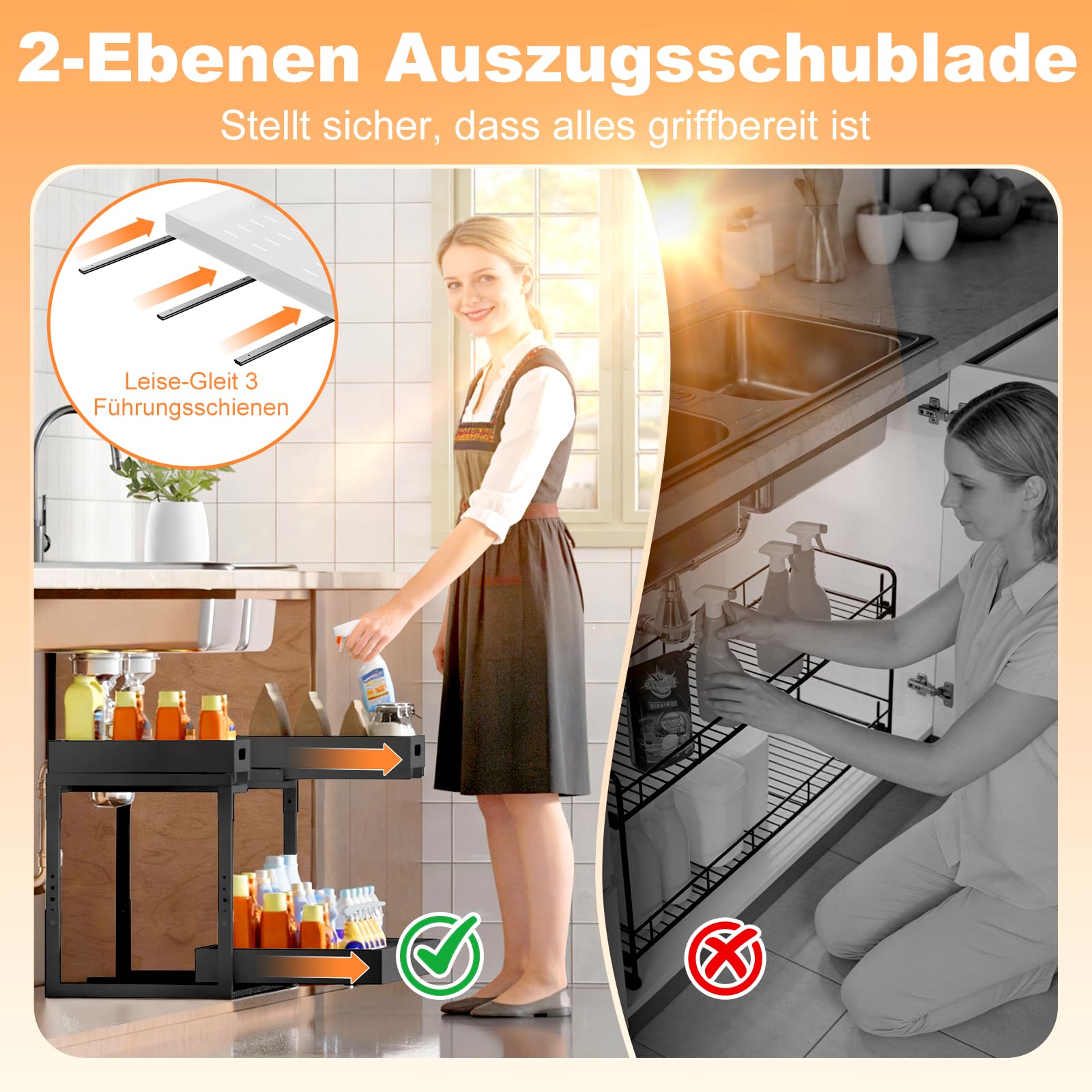 YJHome Ausziehbare Spülschrank Organizer, Metall Unter Waschbecken Regal 2 Etagen, Verstellbare Breite Höhe, Herausziehen Under Sink Organizer für Küche, Bad, Unterschrank, 1-Stück-Plus Schwarz