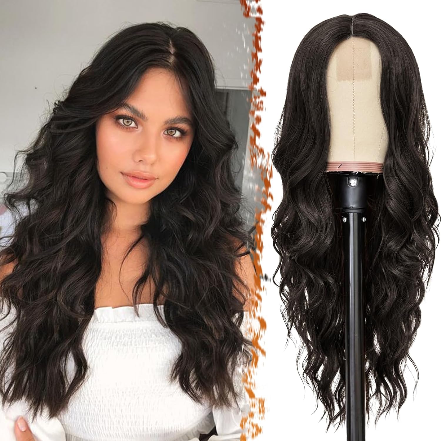 HAIR WALA™ Brown Wig for Women - 26 Inch Long Curly Synthetic Middle Part Loose Wavy Hair - Heat Resistant With 2 Free Wig Caps