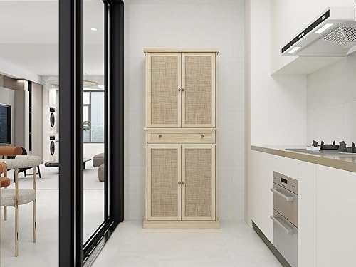 Miniatura 1 de Armario de almacenamiento de ratán natural de 72 pulgadas de alto con 4 puertas, armario de decoración de granja con 1 cajón y 4 estantes interiores