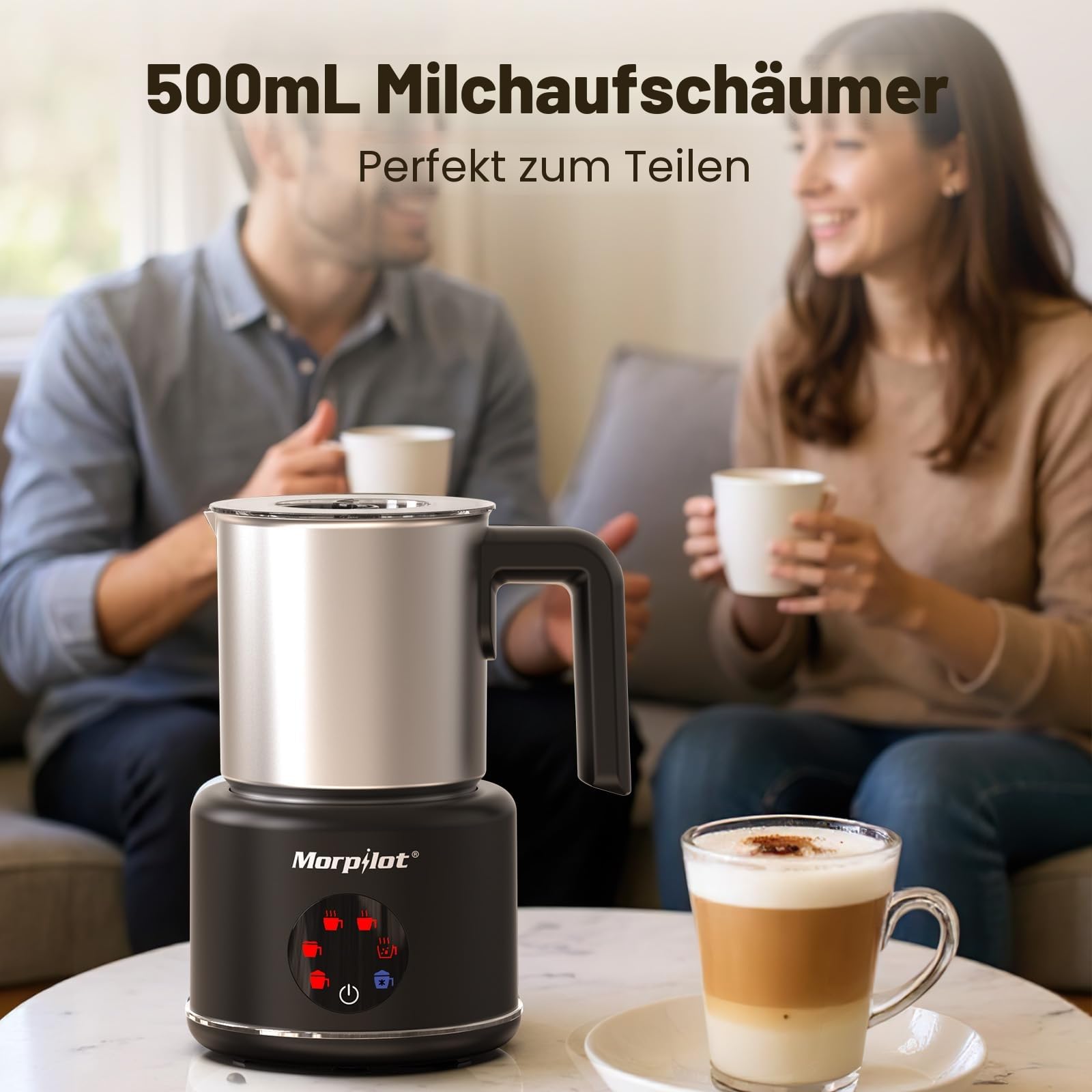 Morpilot Milchaufschäumer Elektrisch, 6 in 1 Milchschäumer für heißer, kalter und heißer Schokolade, 130-500ml, 600W, Antihaftbeschichtung, Latte-Design, Spülmaschinenfest, Edelstahl, Schwarz