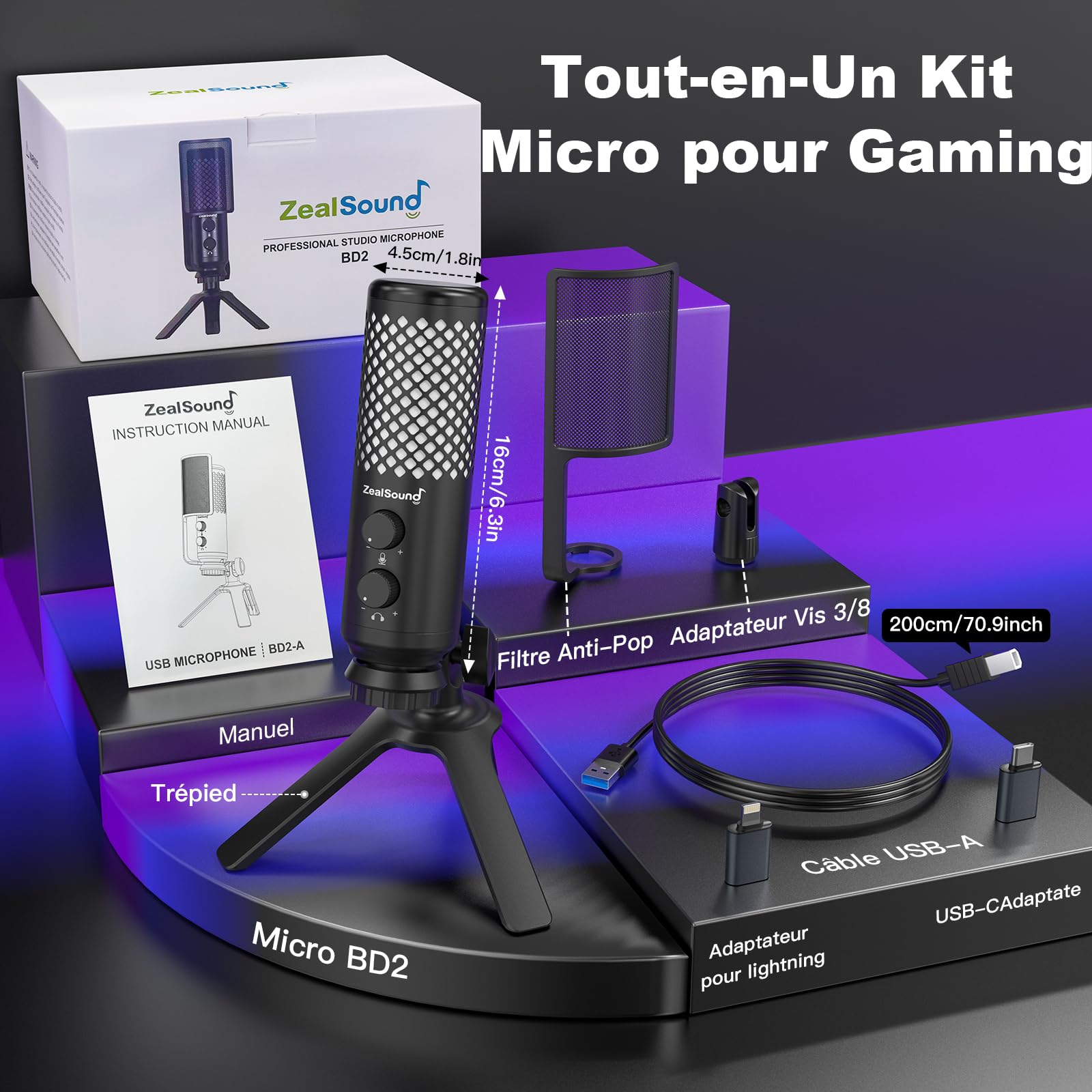 zealsound Micro Gaming PC, 96 kHz Métal USB Microphone à condensateur RGB pour Podcast, Streaming, Enregistrements et Voiceover, Discord, avec Muet et Gain – Plug & Play pour PC Smartphone et PS4/5