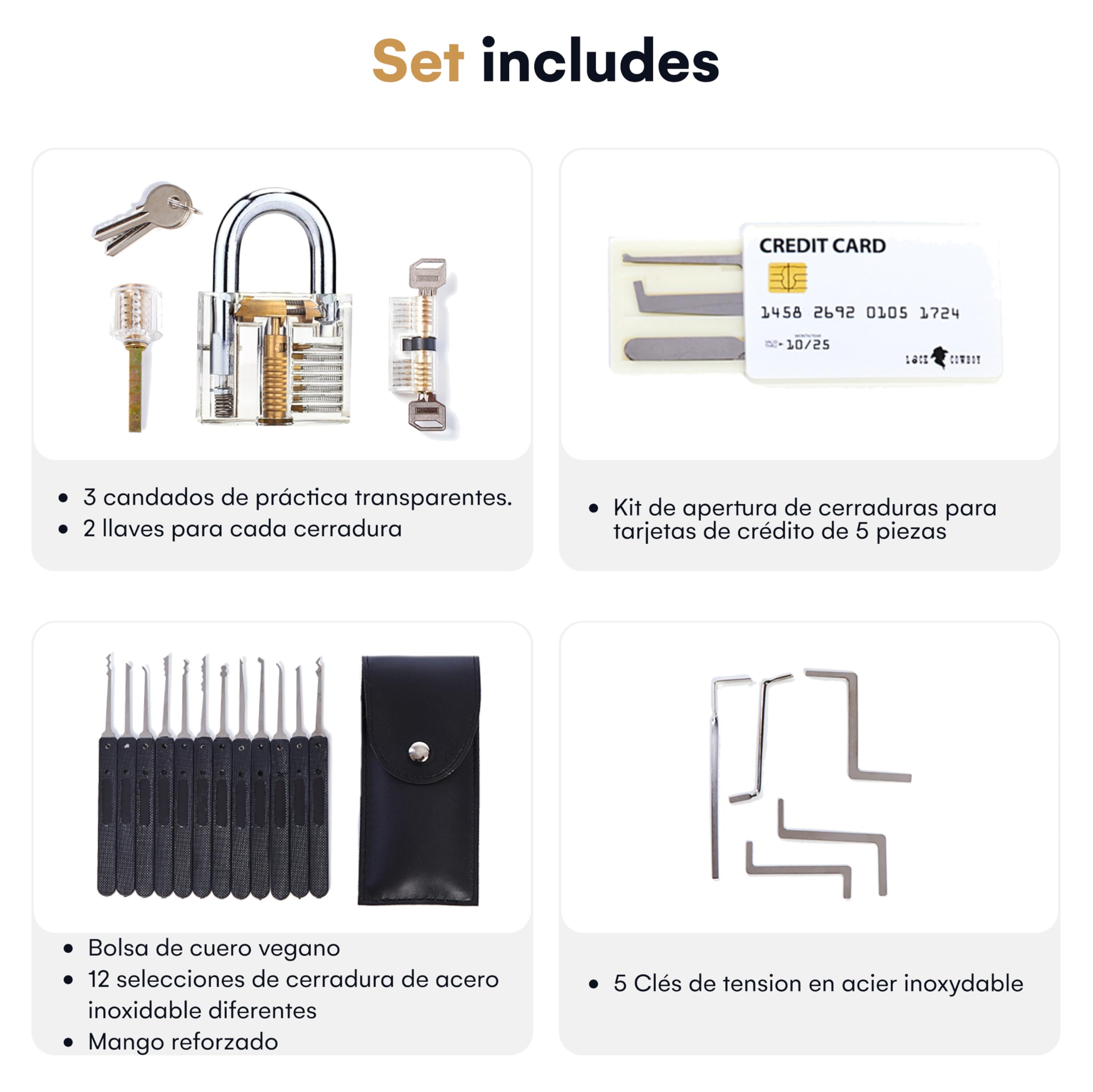 LOCK COWBOY Juego de 30 Herramientas para Abre Candados - Abrir Cerraduras Incluye 3 Cerraduras Práctica Transparentes y Herramientas del Tamaño de una Tarjeta de Crédito - Instrucciones Incluidas
