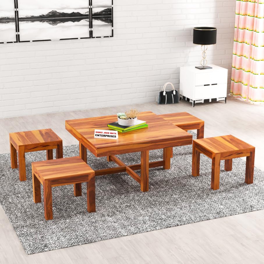 Image of Sheeshsam Wooden Coffee Table with 4 Stools for Living Room - Solid Wood Coffee Table with Seating Stools Tea Table Teapoy Center Piece for Home Sofa Center Table (Alving Honey)