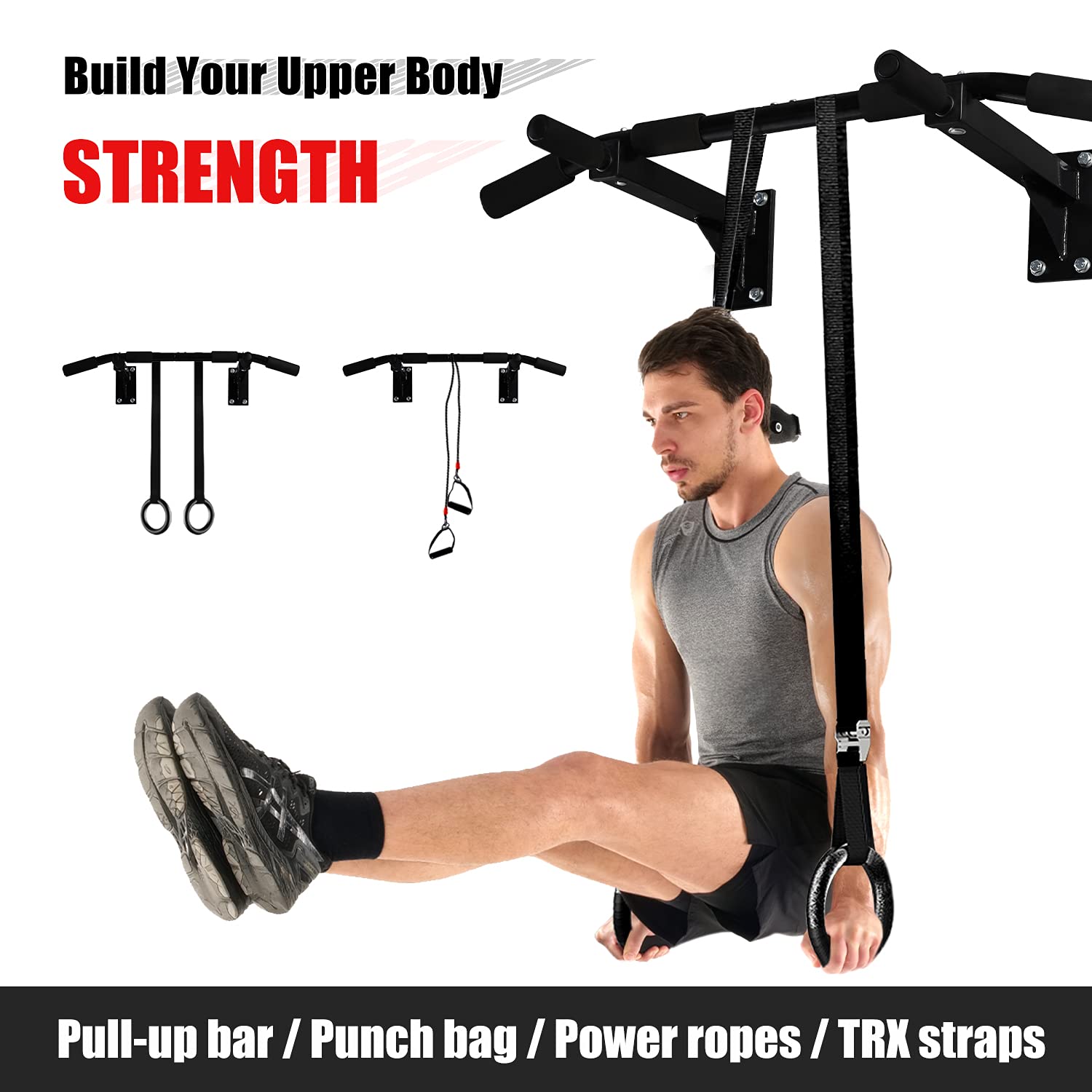 ISE Barra de Dominadas de Pared, Barra Fija Multifuncional para Flexiones, Barra Dominadas Pared TRX entrenamiento en casa, Pull Up Bar tubos de acero, Dominadas En Casa