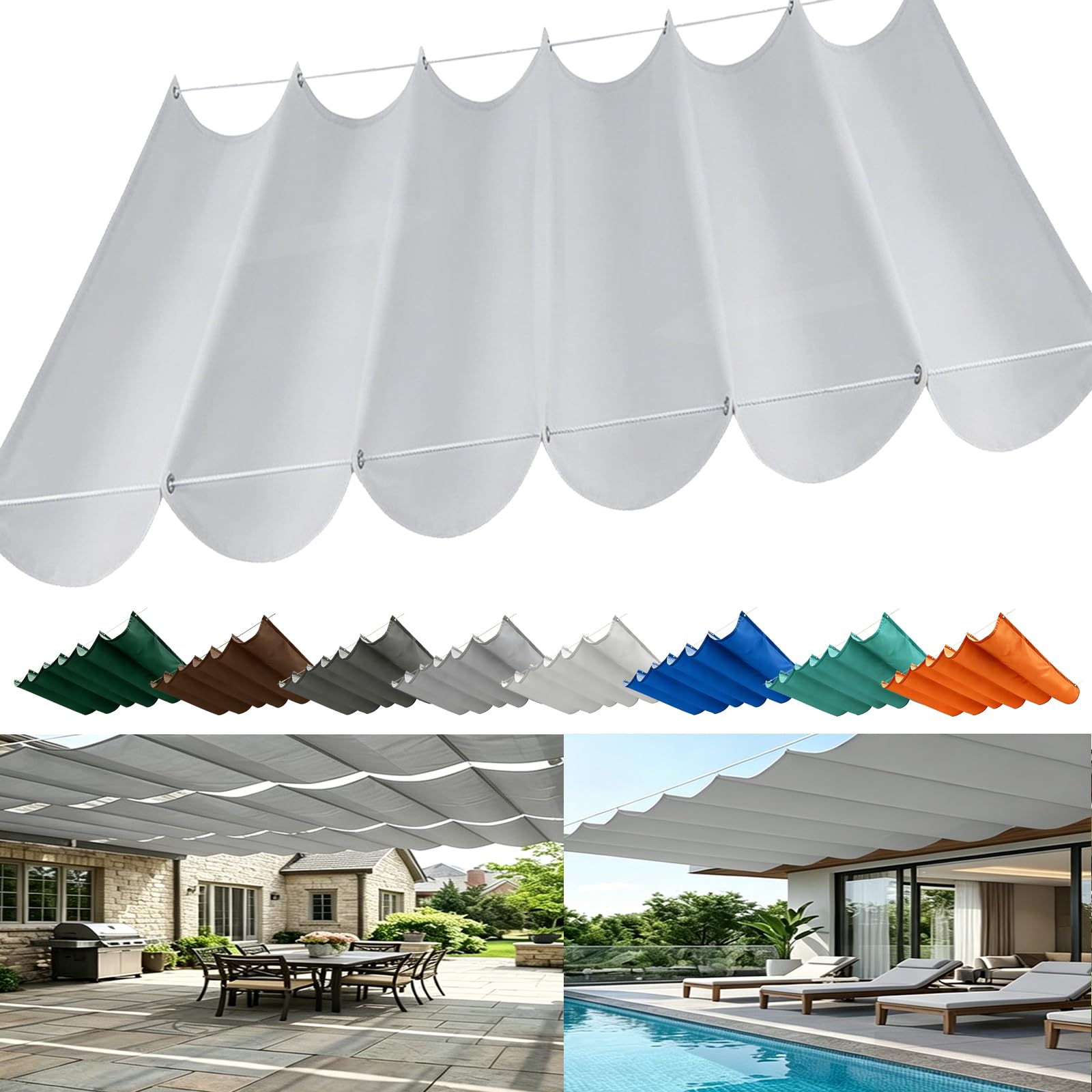 Retractable Wave Sun Shade Sail, Sun Protection Waterproof Wave Awning Canopy with Eyelets and Rope, Outdoor Pergola Adjustable Shade Cover for Yard Deck Lawn Garden Patio-Light gray||60x350cm