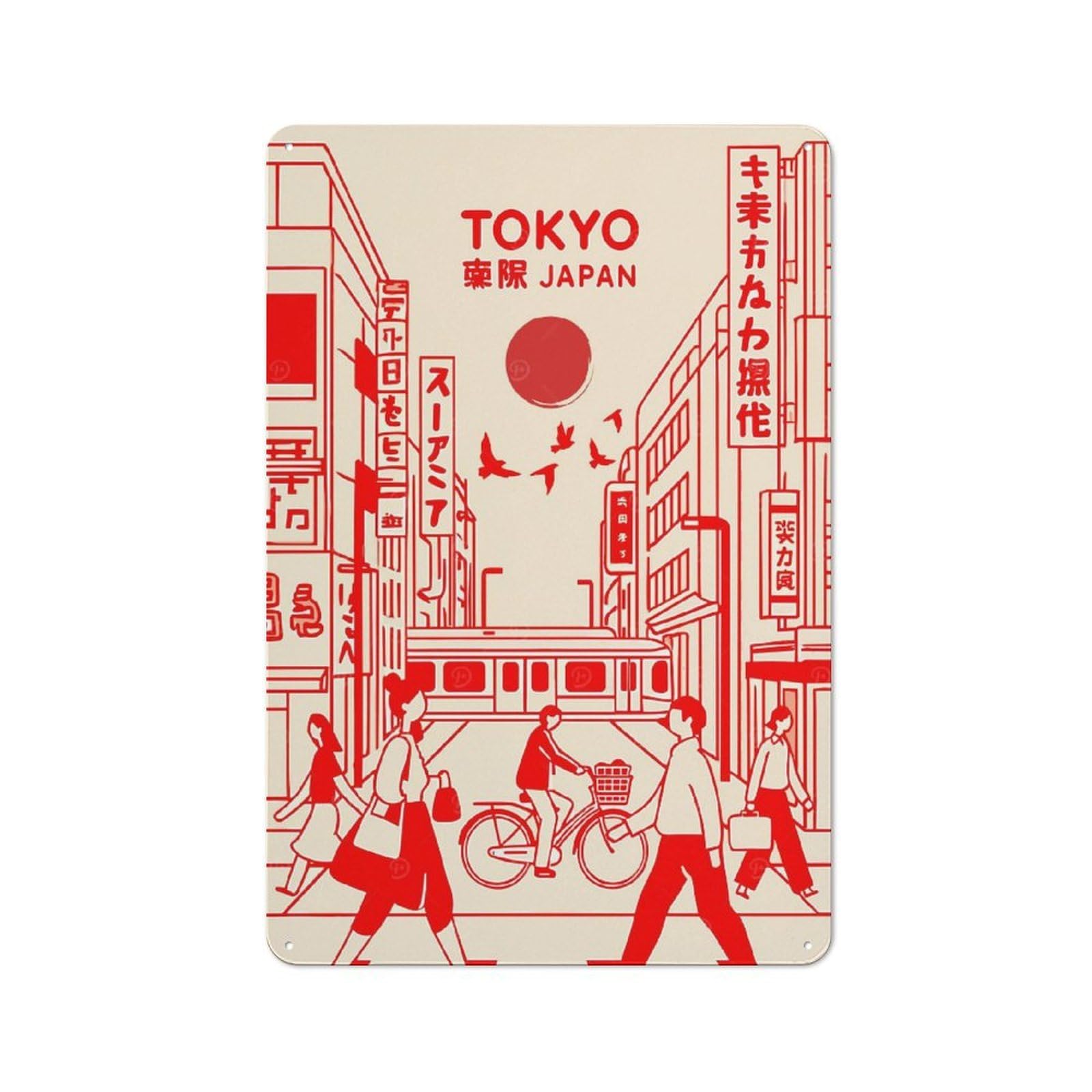 Junmoney Tokyo Japan Cityscape Red And Beige Vintage Tin Sign 30X20cm, Old Fashioned Nostalgic Wall Art For Bedroom, Office, Home Bar Or Dining Room