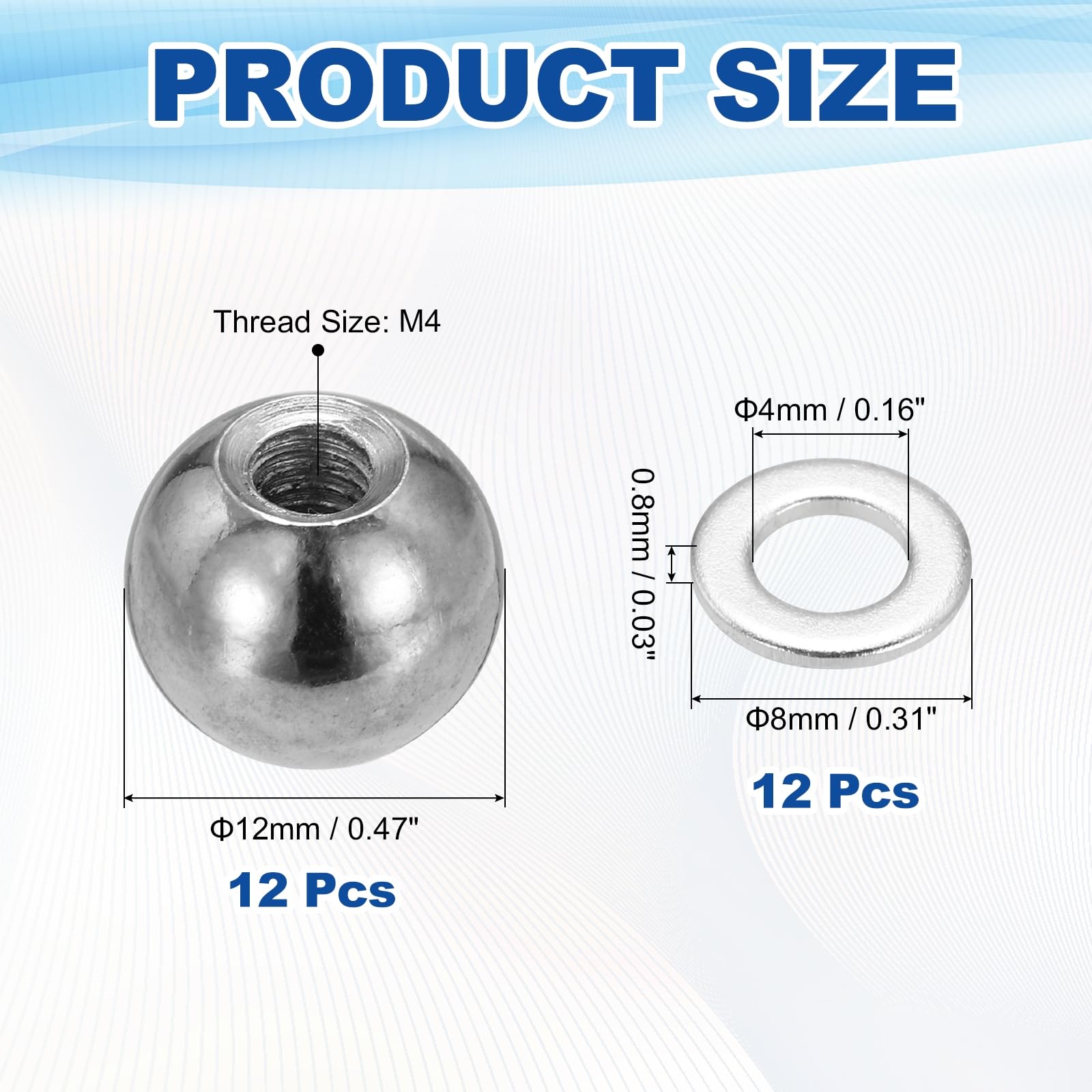 sourcing map 12 pomelli filettati a sfera M4 x 12 mm, in acciaio al carbonio, dadi a sfera, dadi a sfera, tappi per viti, decorazioni per lampade per illuminazione progetti fai da te, argento