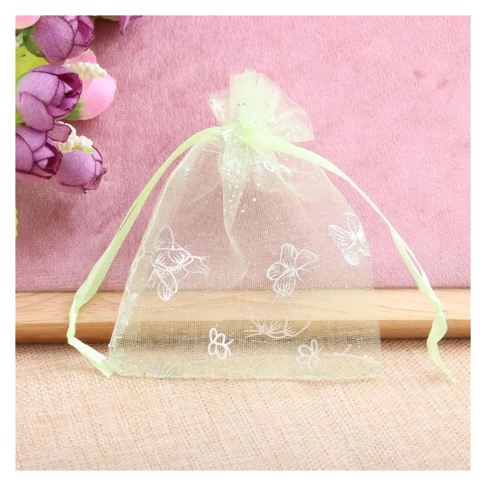 Pochon Tissu Lot de 50 sachets Cadeaux en Organza avec Motif Papillon et Cordon de Serrage(3light Green,13x18cm)