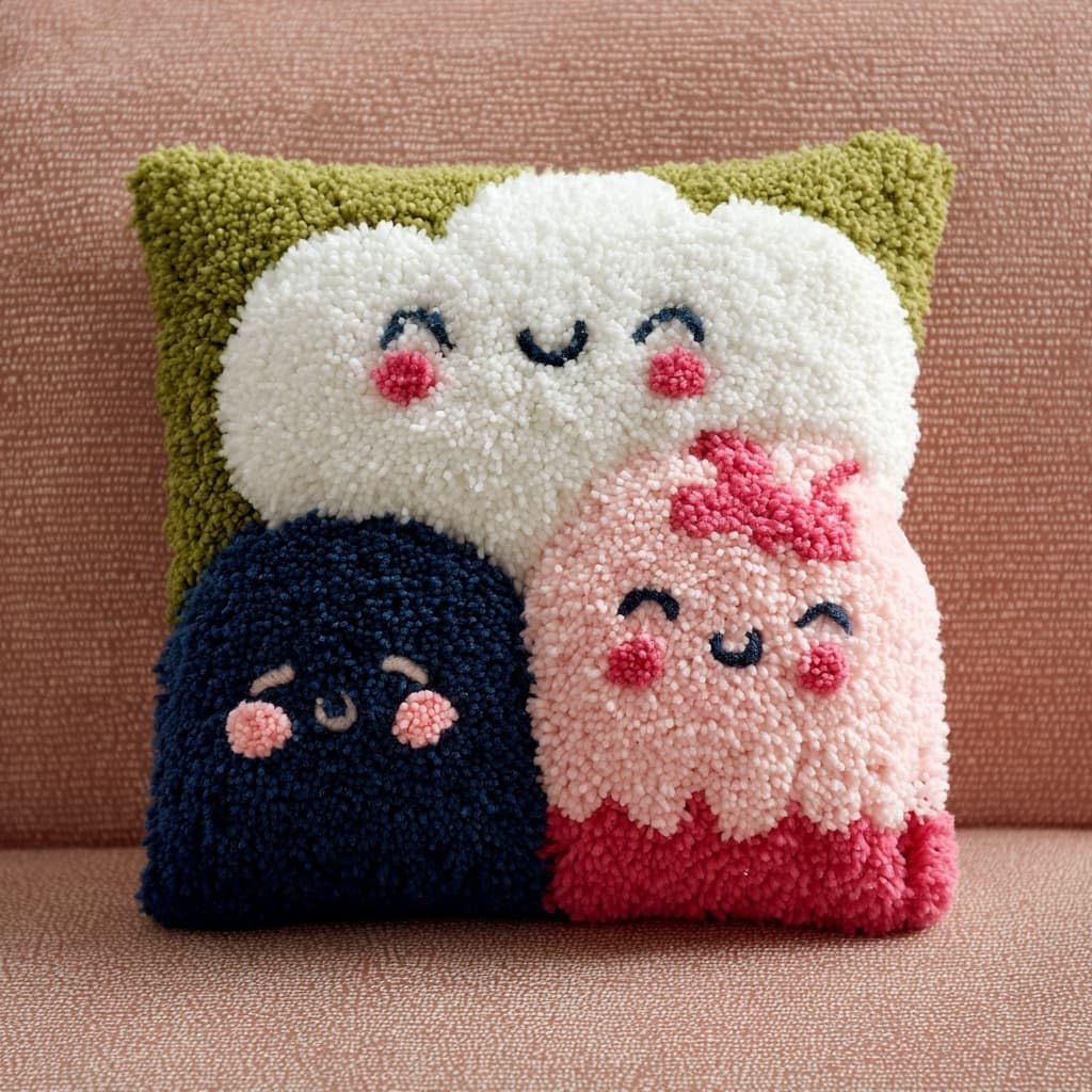 Henypt Easy Beginner Latch Hook Pillow Kit 43x43cm,Cartoon Smiling Cloud Needlework Cushion Set Pre-Printed Canvas and Tool Included,Simple Sofa Decor Project