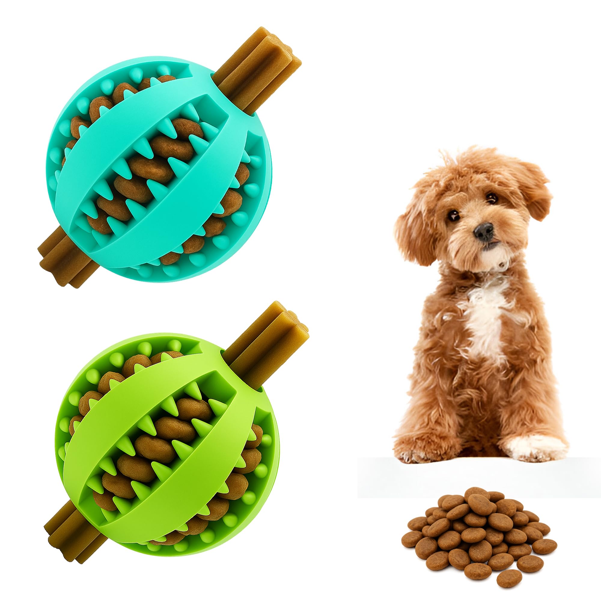 Happy Companion Dog Treat Ball – Interactive Rubber Dispenser Toy for Puppies & Small Dogs – Boredom Relief & Mental Stimulation – 6cm (2 Pack, Blue/Green)
