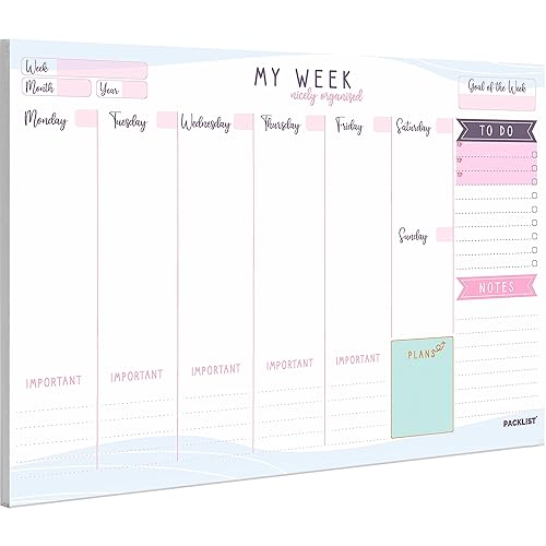 PACKLIST Weekly Planner Pad A4 - Stylish Undated Weekly Organiser, 52 Pages for Home, Study, Work &amp; Family Plans - Beautiful Timetable Planner &amp; Notes to Stay Organised &amp; to Boost your Productivity