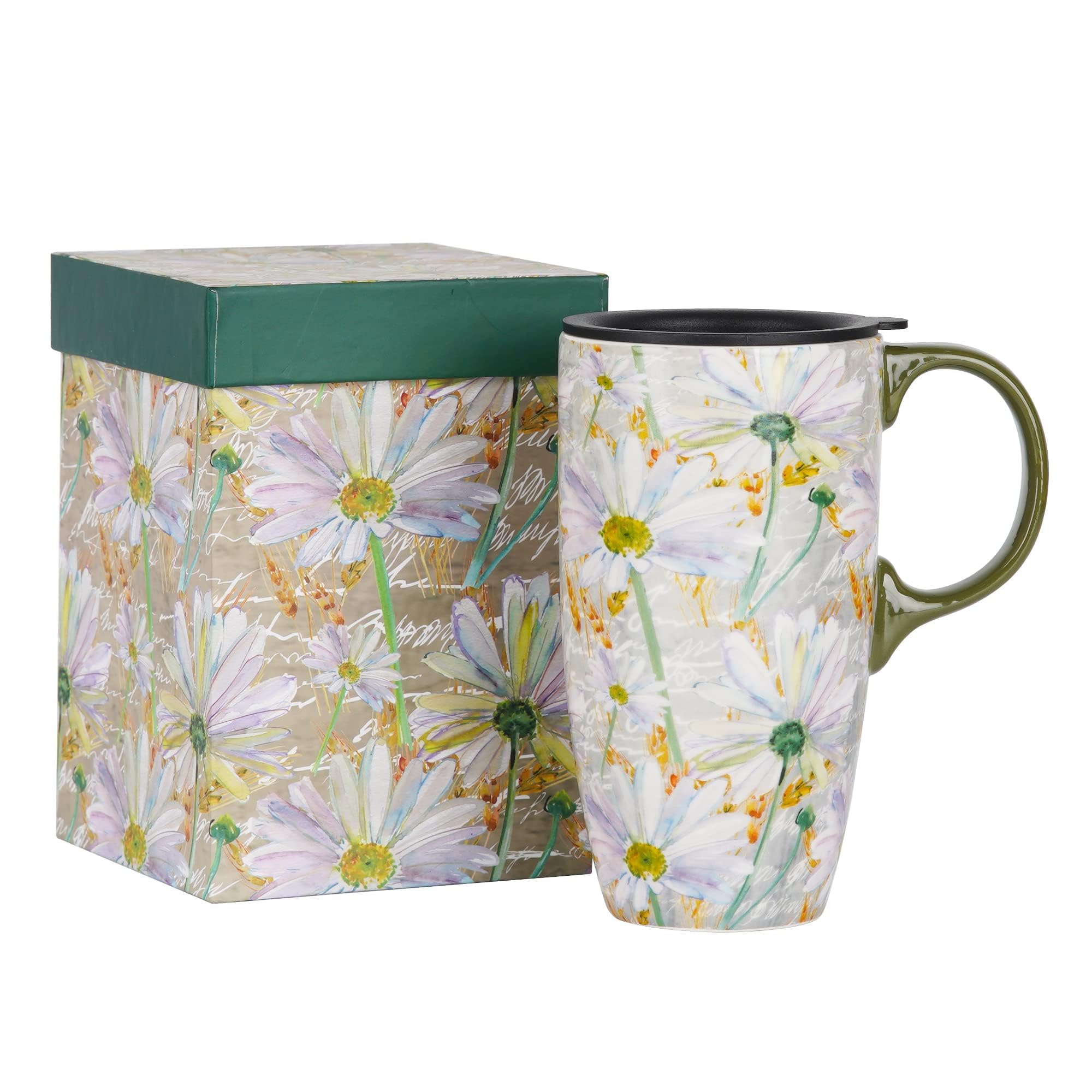 Topadorn Ceramic Mug with Lid Coffee Mug with Gift Box Latte Mug Coffee Cup,17oz.Daisy