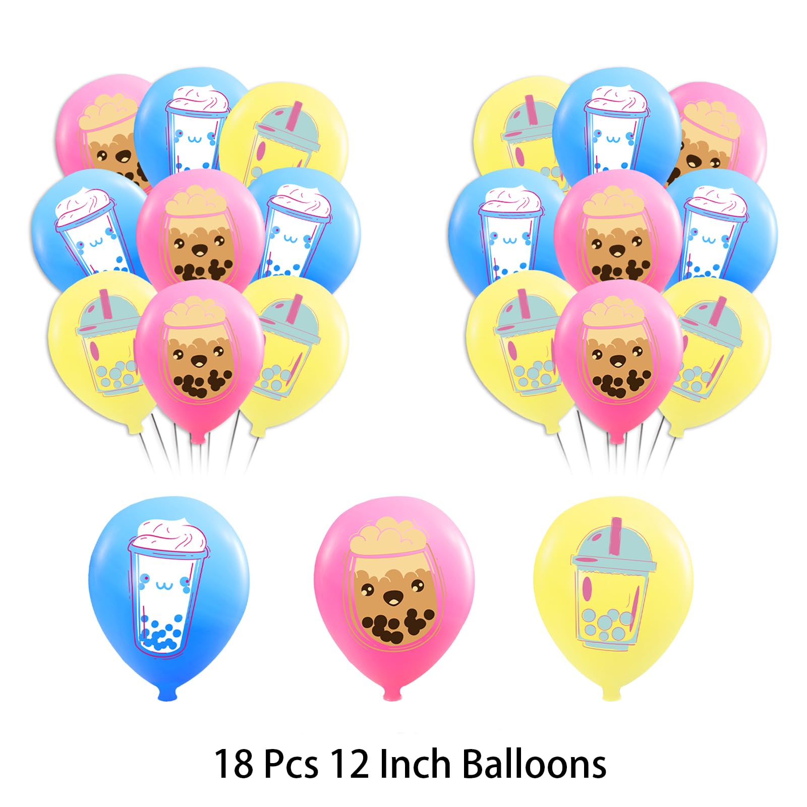 Decoraciones de fiesta de té Boba - Decoraciones de cumpleaños con pancarta de té de Boba, fondo, espirales, centros de panal, adornos para cupcakes, globos