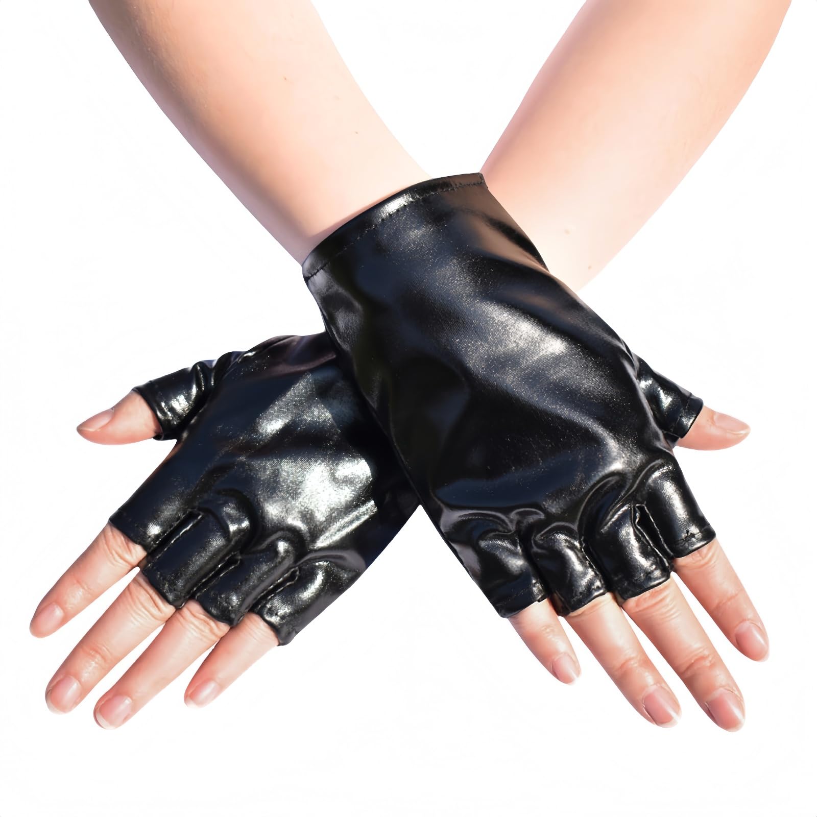 Hybursky PU Leather Fingerless Gloves for Men Women Half Finger Short Glove Shiny Metallic Wetlook Punk Gloves Cosplay Hollow Dance Mittens 80's Disco Party Costume, Black