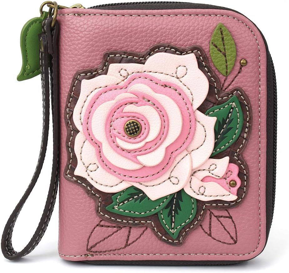 CHALA Zip Around Wallet, Wristlet, 8 Credit Card Slots, Sturdy Pu Leather - Pink Rose - Pink
