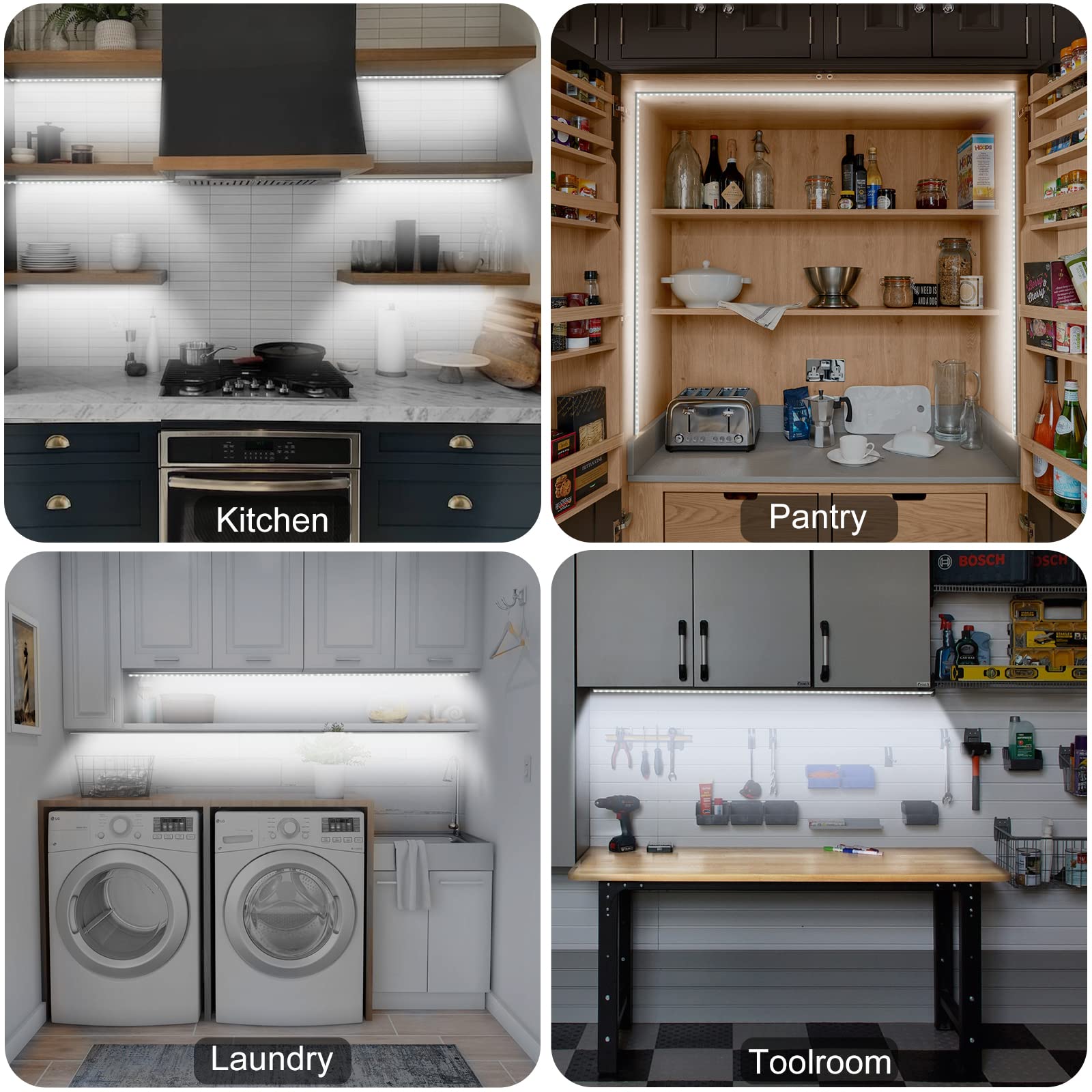 Striscia LED da incasso con sensore di movimento, per interni, luce bianca fredda, 6000 K, super luminosa, 2000 lm, adattatore dimmer da 12 V e per armadietti da cucina, mensole, armadi