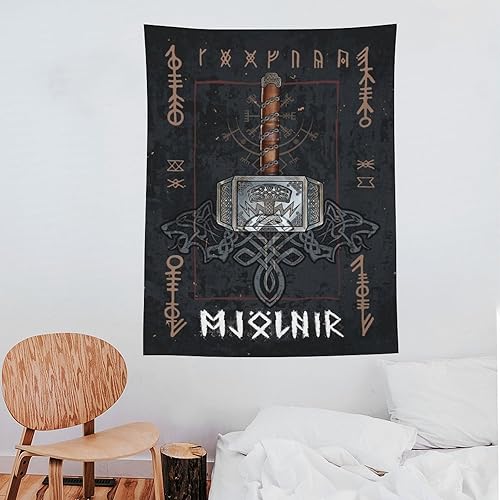 Miniatura 7 de Tapiz de mitología nórdica Mjolnir, tapiz de pared, impresión artística moderna, para dormitorio familiar, tapices de 60 x 80 pulgadas