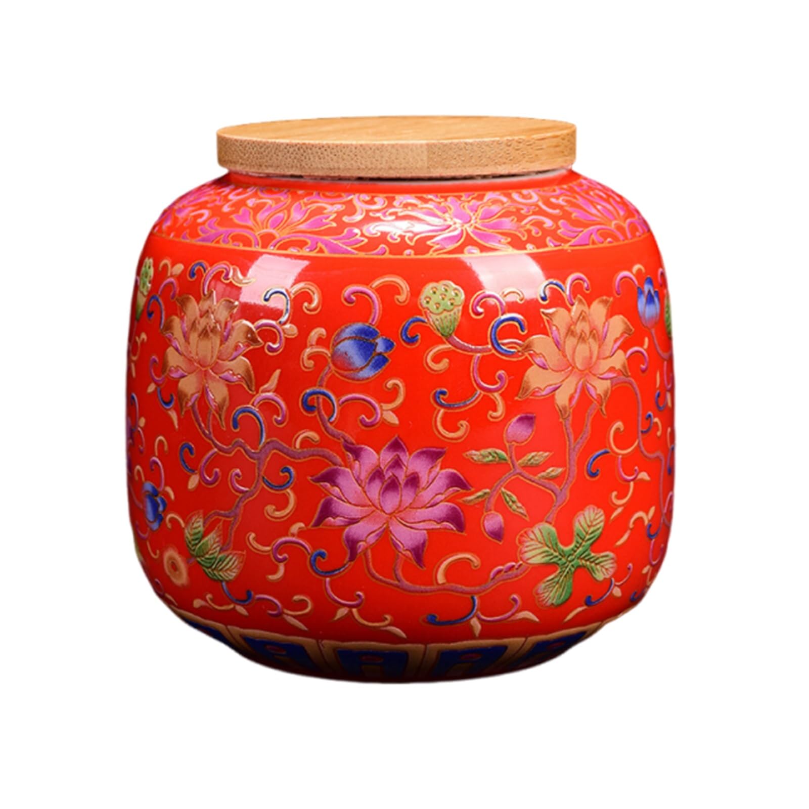 XYUERU Ceramic tea caddy with airtight wooden lid, Chinese design, for tea, coffee, spices and sweets, moisture-resistant, decorative storage jar(Red)