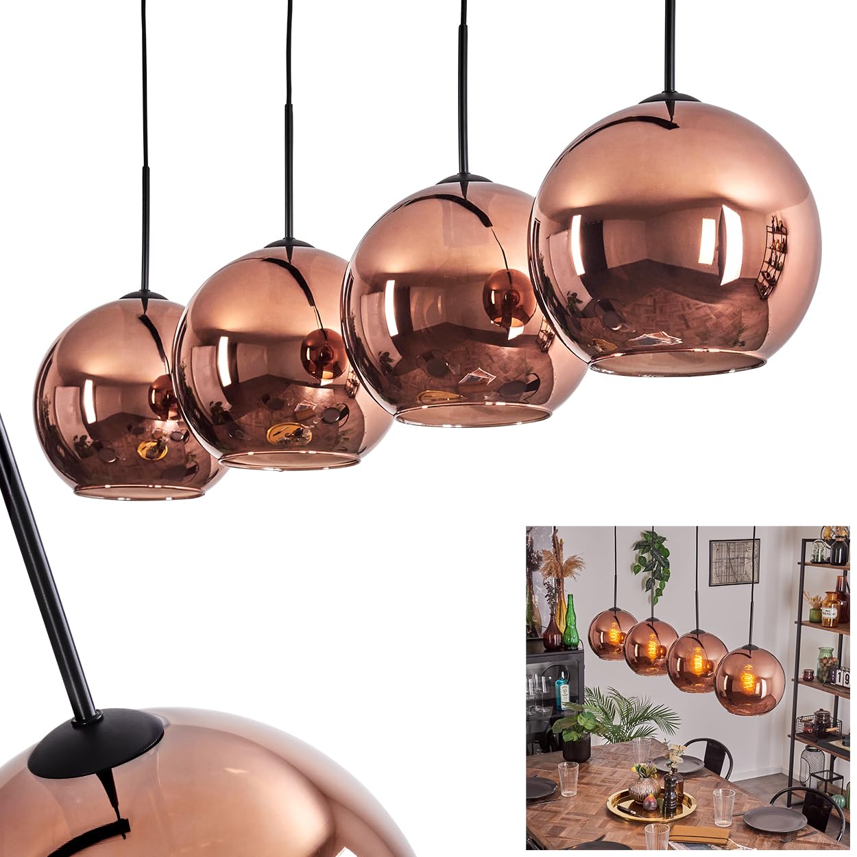 Hofstein Light/Black Koyoto Pendant Hanging Lamp Made Of Metal/Glass In Black/Copper Colours, Luminaire In Modern Retro/Vintage Design With Glass Shades (Ø 25 Cm), Height Max. 147 Cm, 4 X E27, Without Bulbs
