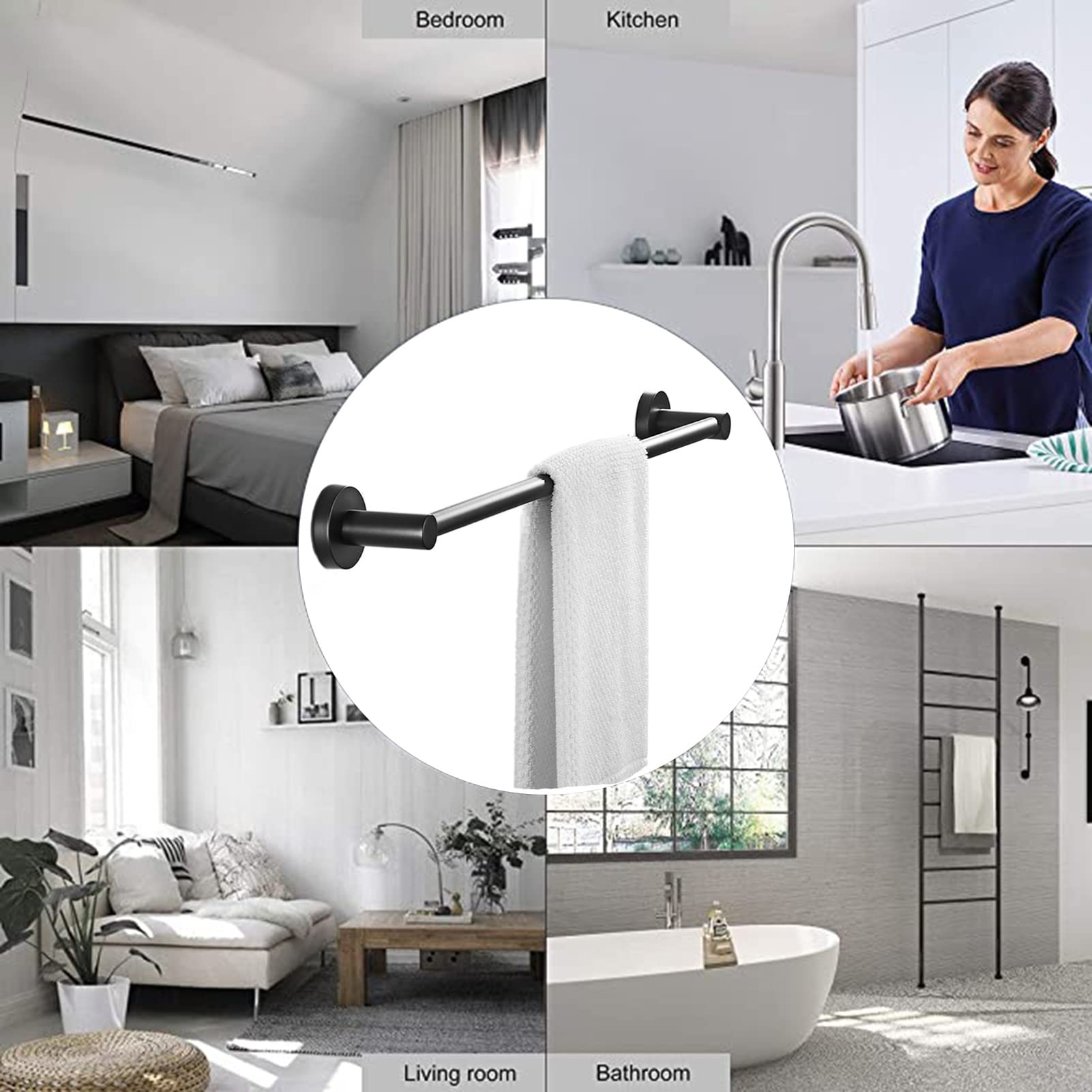 Portasciugamani Nero Opaco ， Portasciugamani Porta Asciugamani in Acciaio Inossidabile SUS304 Porta Asciugamani Nero Singolo Fissato al Muro per Kit Accessori Camera da Letto Cucina (Size :