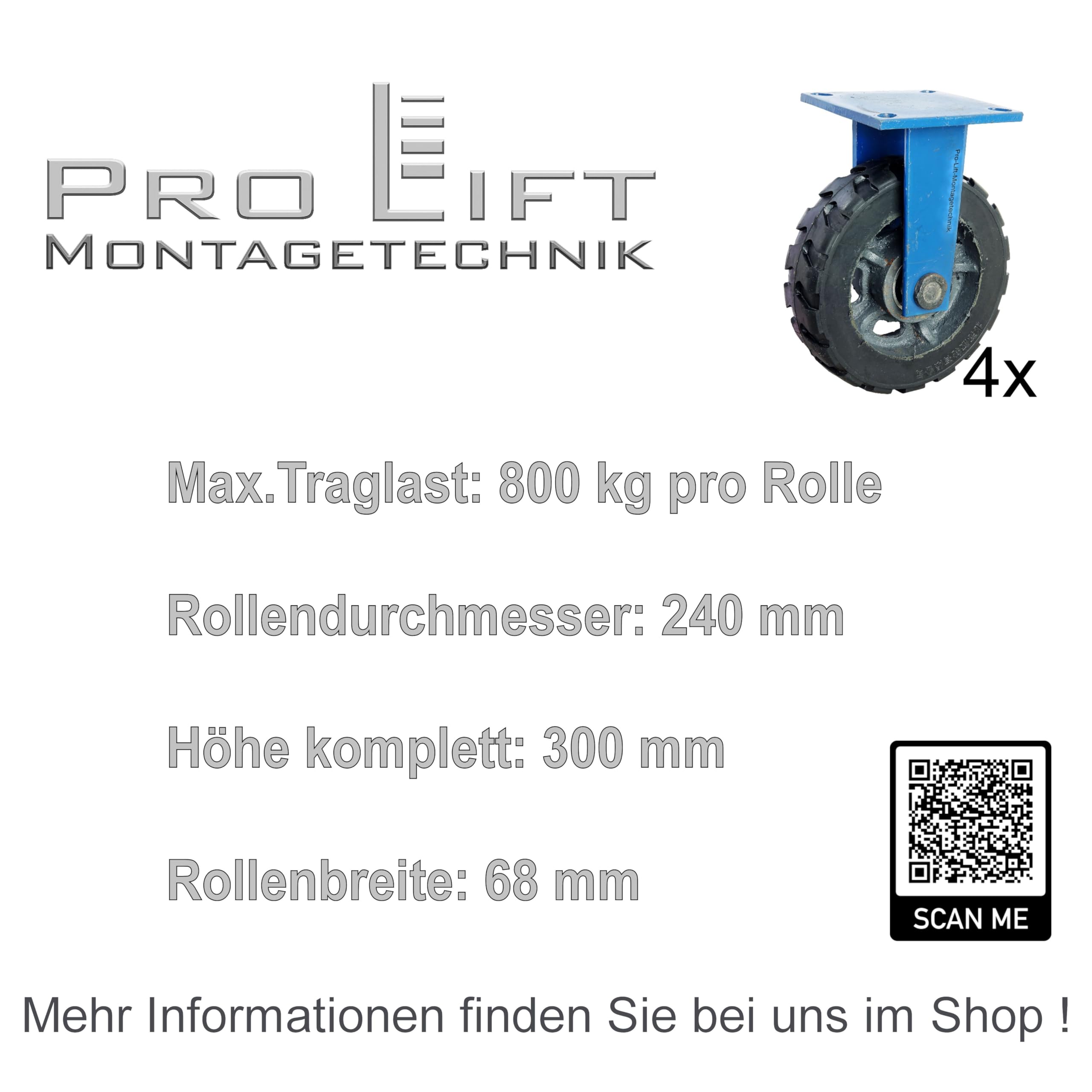 4 Stück: je 800kg Bockrollen, Schwerlastrollen, Gummi-Rollenbelag, 01360