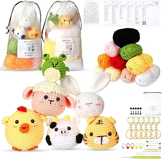 6 Pattern Crochet Kit Crochet Animal Kit for Kids Adults Beginners Experts Includes Yarns, Hook, Video Tutorials, Eyes, Stuffing, Keychain for Starters, Rabbit, Chicken, Tiger, Frog, Sheep, Cow
