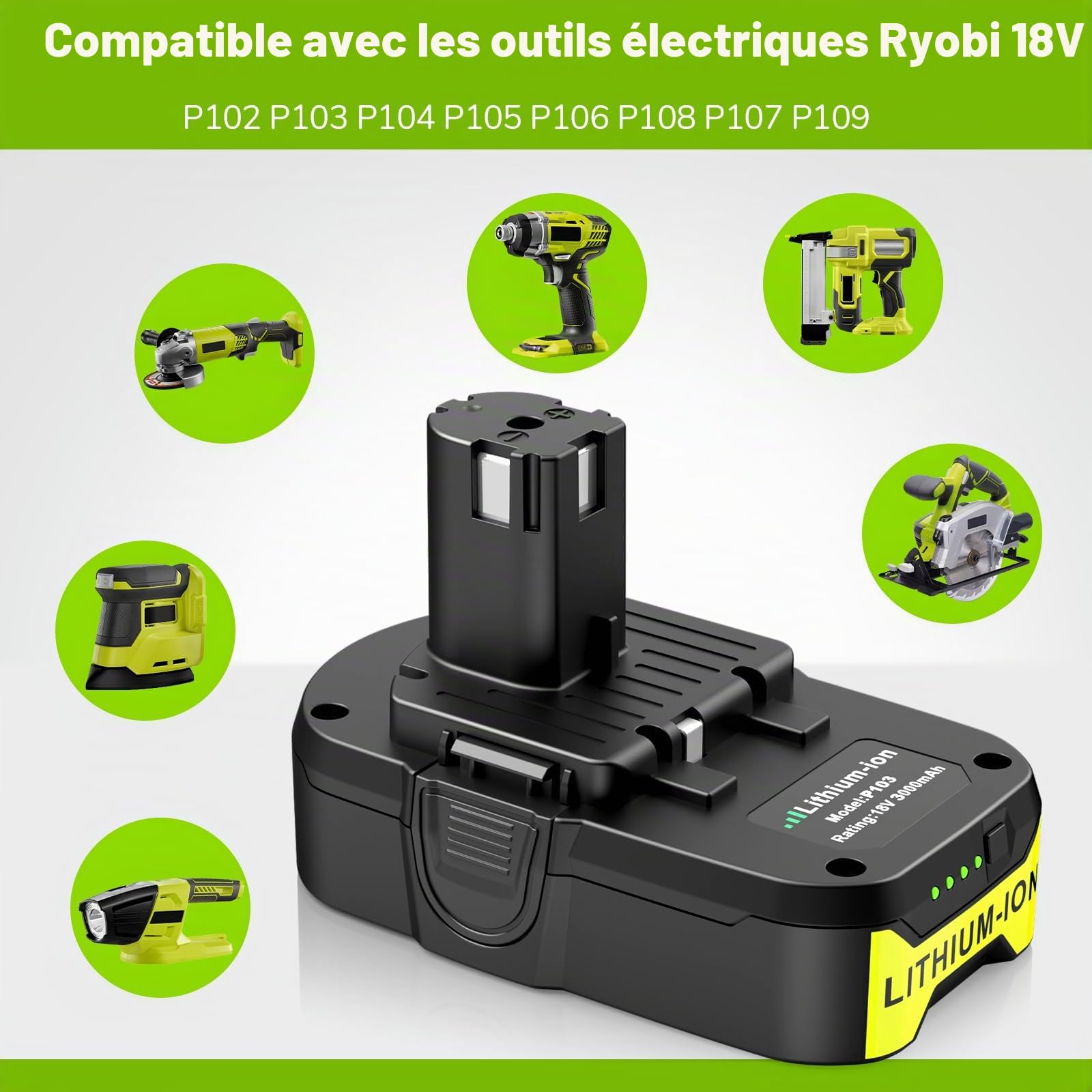 LabTEC P103 Batterie de Rechange 18V 3Ah pour Ryobi BPL1815 P102 P104 P105 P106 avec P117 Chargeur de Port USB Remplacement pour RYOBI 12V-18V One Plus Series, Kit Chargeur USB pour Ryobi P107
