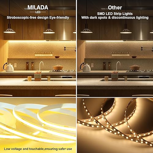 Miniatura 3 de COB - Tira de luz LED de 3000 K, 40 pies/39.4 ft, tira LED blanca cálida regulable de alto lumen con control remoto IR de 24 V, adaptador