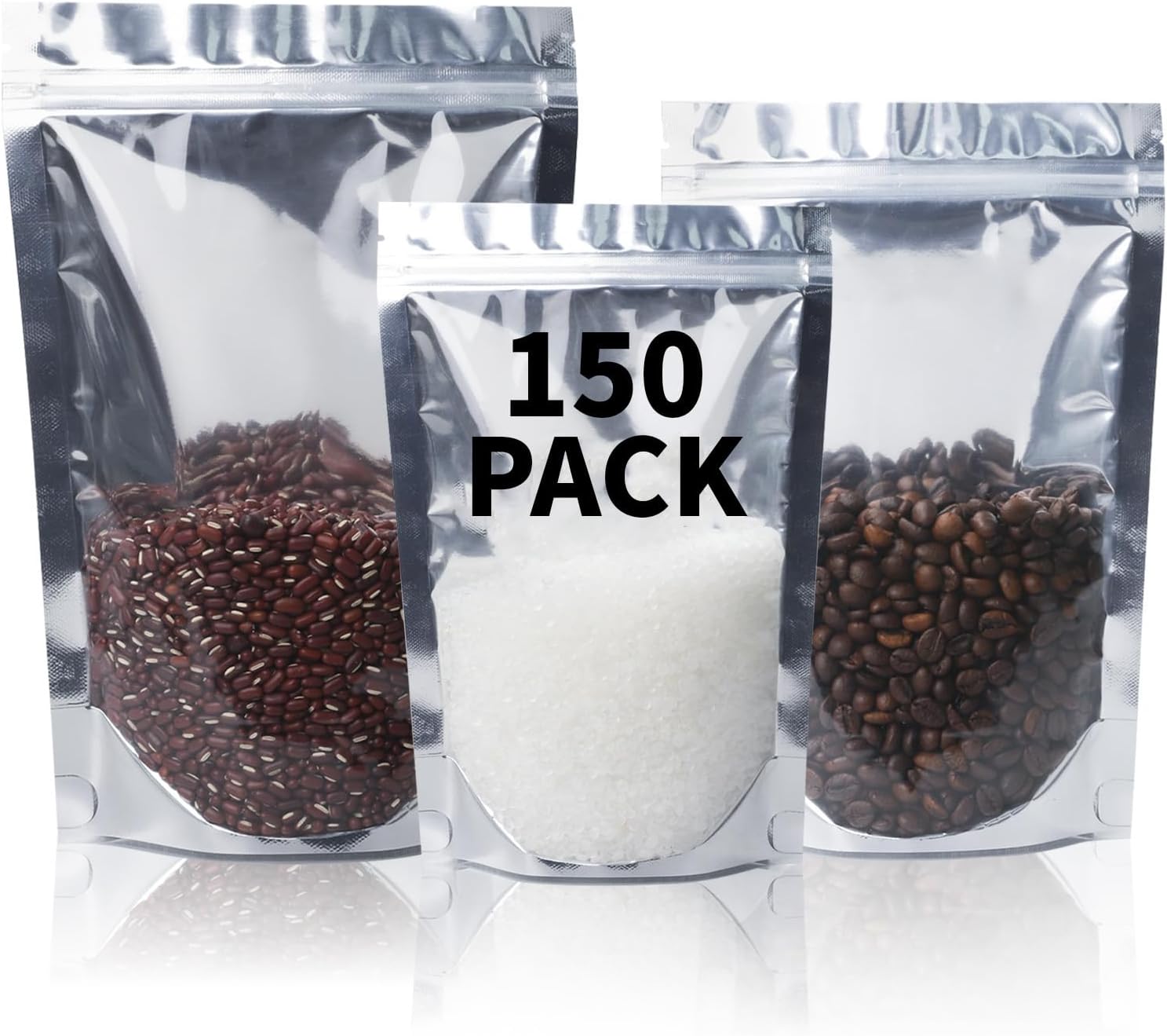 150 Pack 3 Sizes Mylar Bags for Food Storage Resealable Aluminum Foil Clear Stand Up Pouch with Window Reusable Zipper Lock Food Packaging Heat Seal Bags for Small Business & Home(4″x6″, 5″x8″, 6″x9″)
