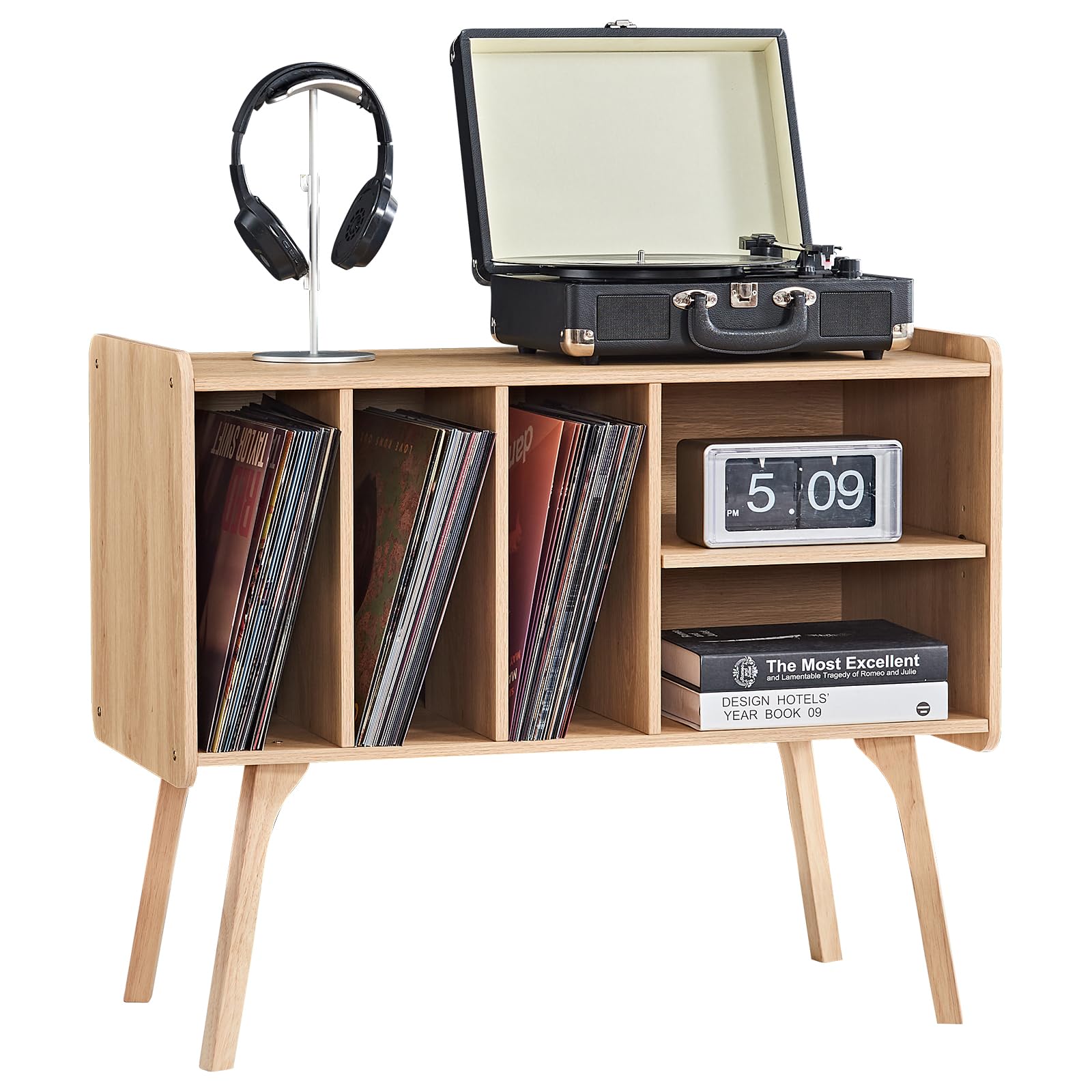 LELELINKY Natural Record Player Stand with 4 Cabinet Holds Up to 220 Albums, Large Turntable Stand with Wood Legs, Mid-Century Record Player Table,Vinyl Holder Storage for Living Room,Bedroom