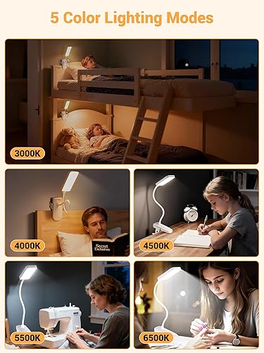 Miniatura 6 de Lámpara con clip, 9 brillos + 5 colores de luz de abrazadera, batería de 4000 mAh recargable con abrazadera, 450 lúmenes 48 luces de escritorio LED,