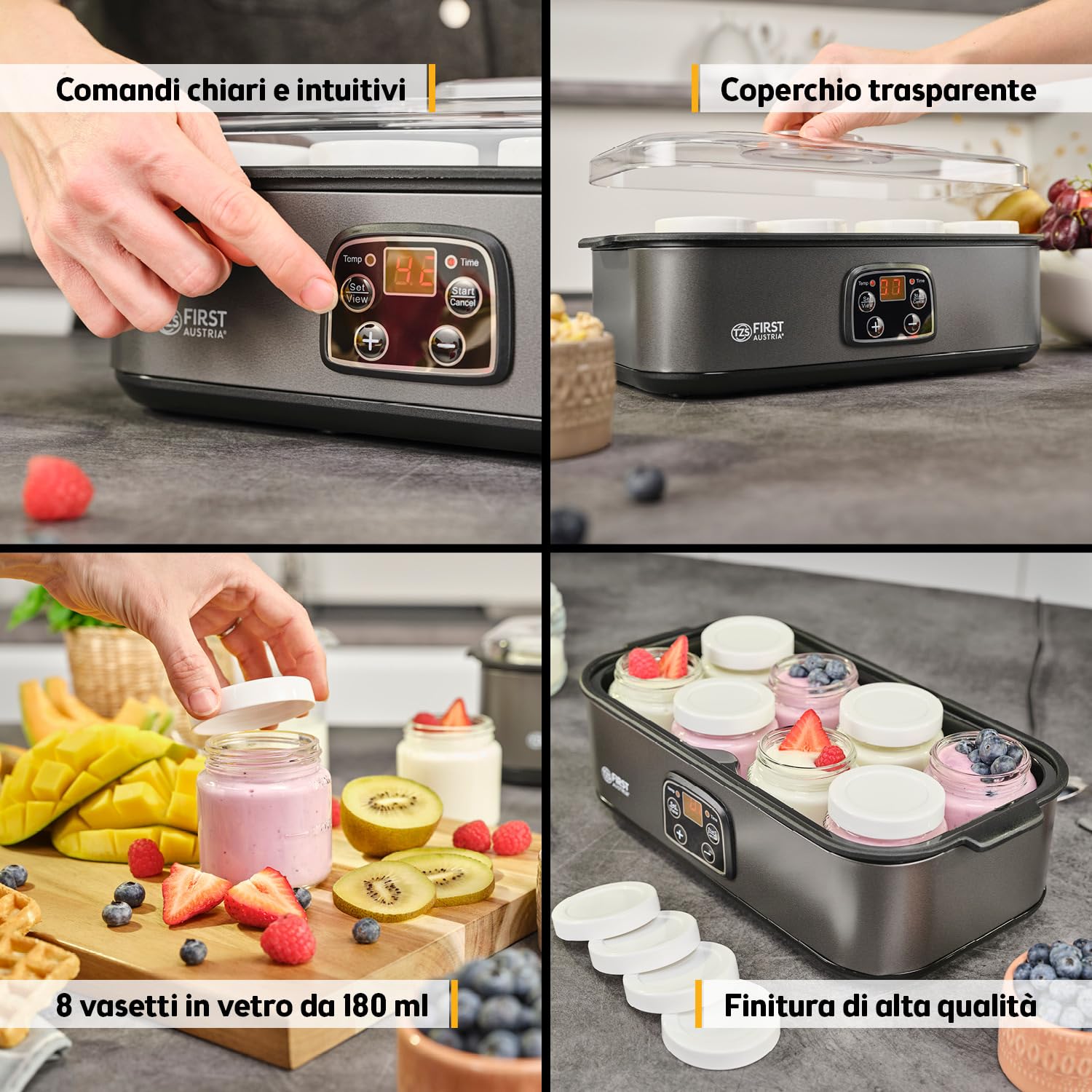TZS First Austria Preparatore di Yogurt Elettrico - 8 vasetti in vetro da 180 ml (1,4 L) - Temperatura regolabile fino a 55 °C - Display LED - Spegnimento automatico - Timer 48 h - BPA-free