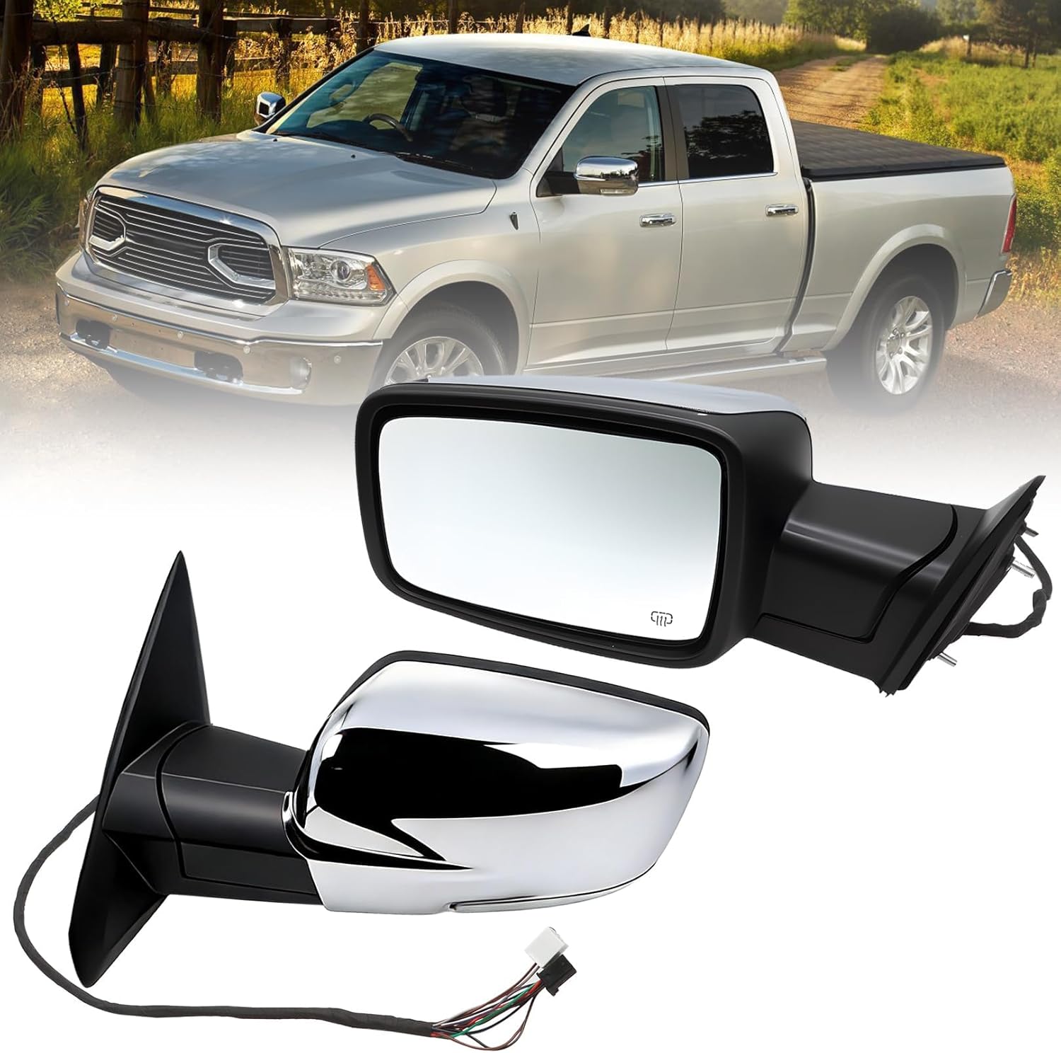 Chrome Driver Side Mirror Assembly 12pins Compatible with 2013-2018 Ram 1500 2500 Heated & Turn Signal & Puddle Lights and Temperature Sensors Side Door Mirror 68096197AF (10+2 Pins)