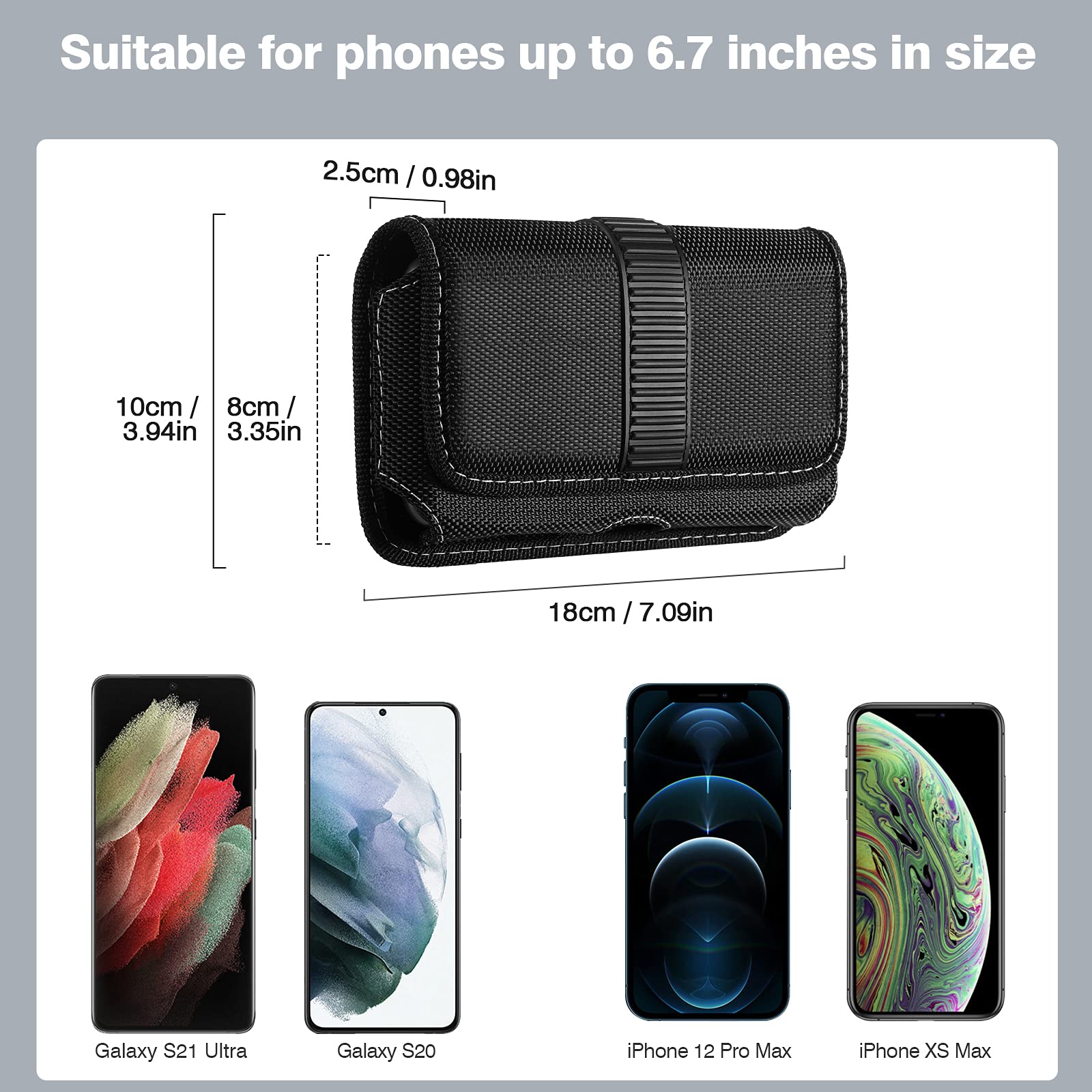 Horizontal Cell Phone Holster, MoKo Nylon Belt Clip Holster丨Newly Updated Stereoscopic Outlook Pouch Fits iPhone 14/14 plus/pro/pro max/SE 3 2022/iPhone 13-8 series, Samsung S21/S10/S9/S8, Black
