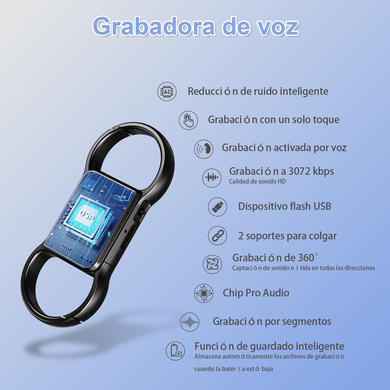 Grabadora de Voz 3072Kbps, Mini Grabadora de Voz 64GB, Grabadora Voz y Activación por Voz, Capacidad de 4800 Horas, cancelación Inteligente de Ruido DSP Recargable por USB Mini Grabadora de Voz