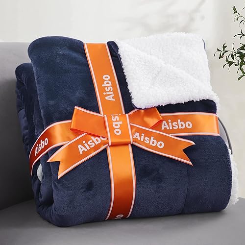 Miniatura 6 de Aisbo Manta cálida tamaño individual  Manta reversible de franela sherpa extra gruesa, color azul marino para cama de tamaño individual, manta de
