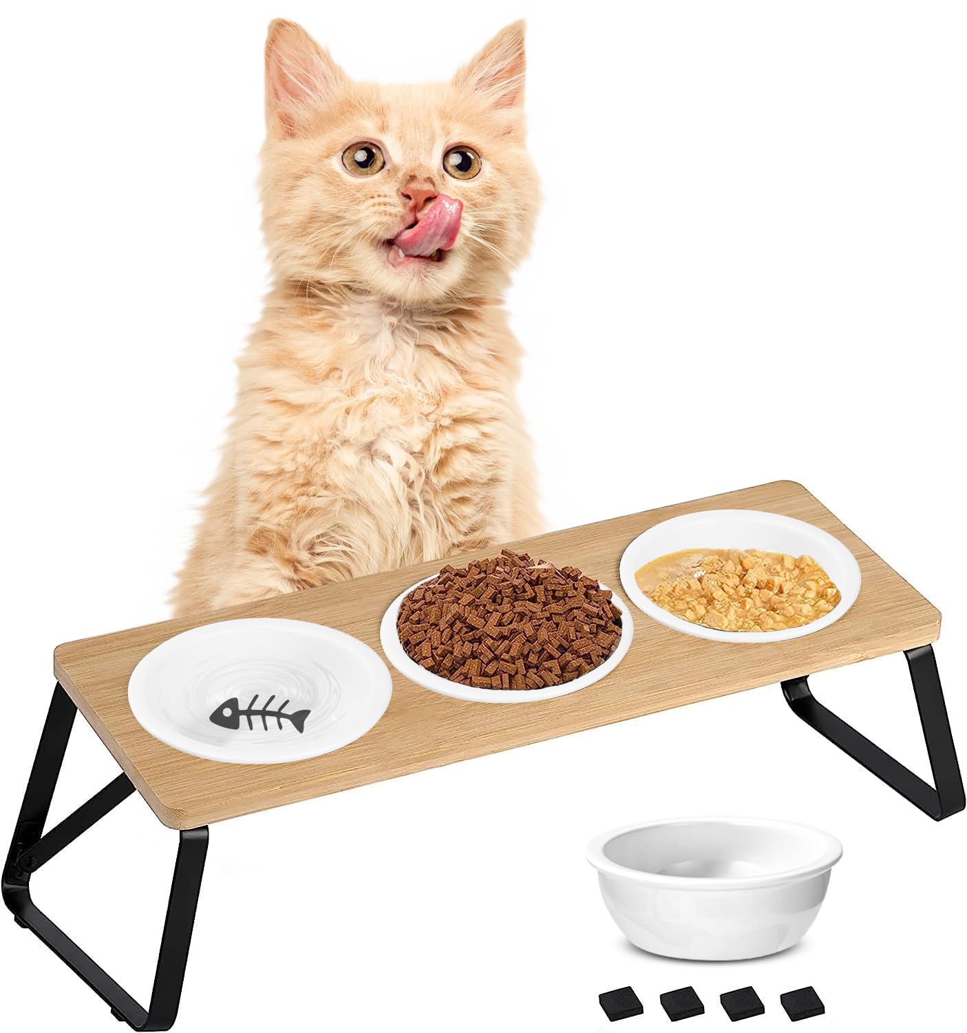 Zawaer Comedero Gato Elevado, 3 Comedero de Madera y Cerámica, Comedero Gatos, Base de Alimentación Inclinada de 15°, Comedero Perro Gato, Cuenco Gato Antivómitos, para Gatos Y Perros Pequeño.